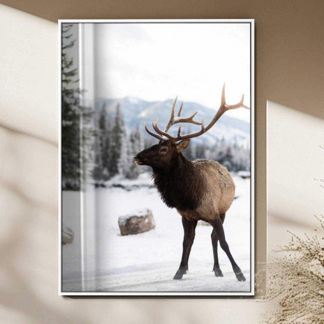 Elk Photography Wall Art Canvas Print, Framed Winter Wildlife Art, Snowy Mountains Rustic Cabin Decor
