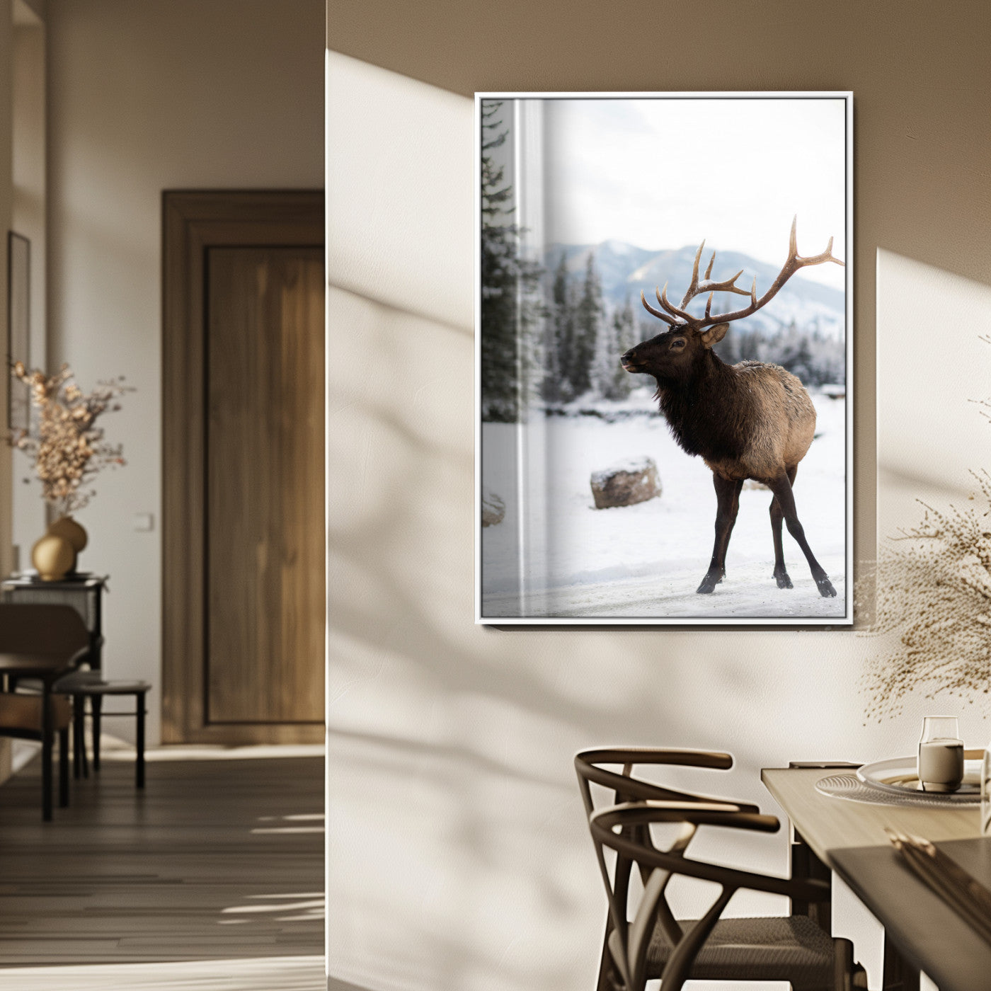 MGV-FP-48X32-3P - Elk Photography Wall Art Canvas Print, Framed Winter Wildlife Art Picture Print, Snowy Mountains Perfect Rustic Cabin Decor Decor Artwork