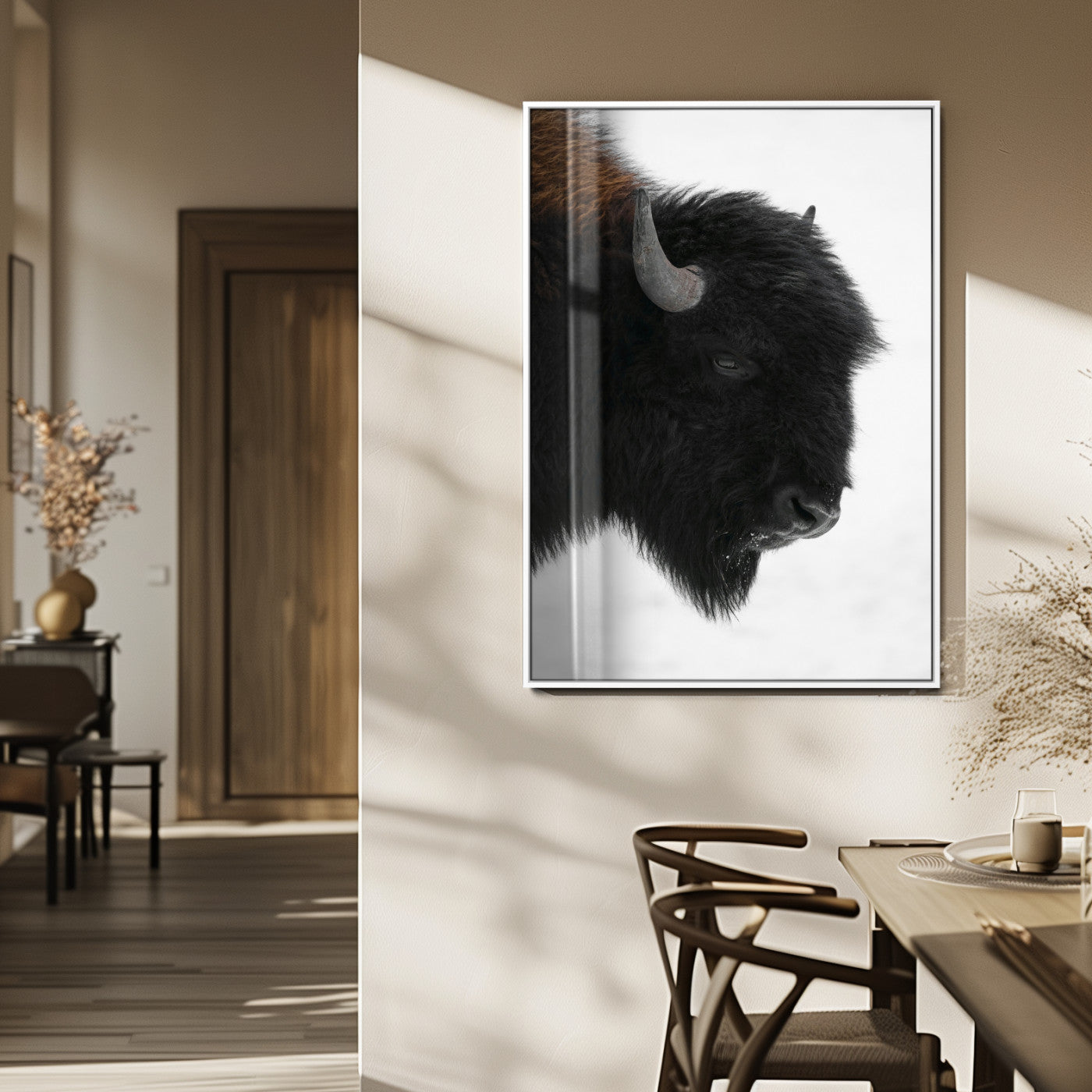 MGV-FP-48X32-3P - Western Rustic Wall Art Canvas Print, Framed Buffalo Photography Art Picture Print, Black and White Wildlife Perfect Country Decor Artwork