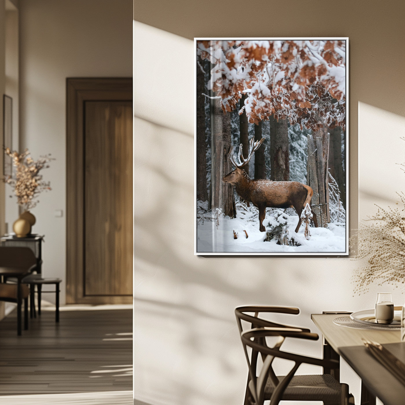 MGV-FP-48X32-3P - Serene Landscape Wall Art Canvas Print, Framed Winter Wonderland Art Picture Print, Winter Deer Perfect Cabin Decor Artwork