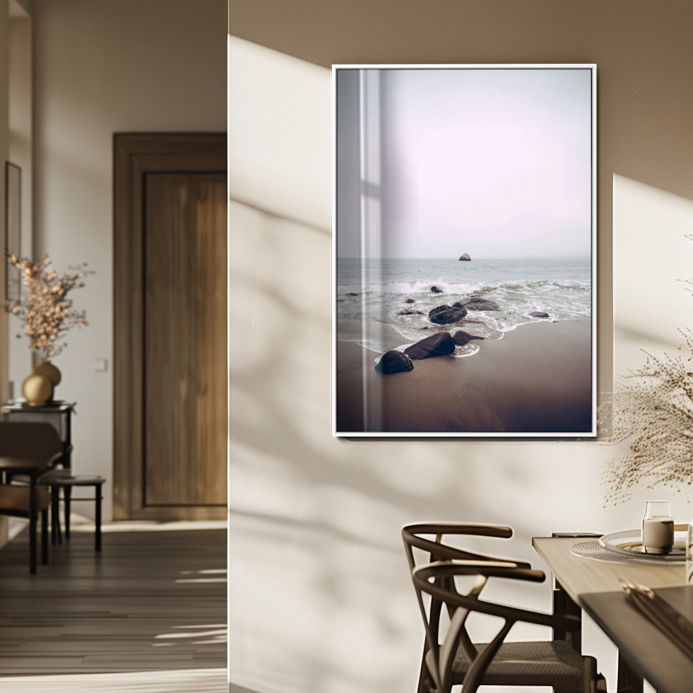 MGV-FP-48X32-3P - Moody Seascape Wall Art Canvas Print, Framed Neutral Beach Art Picture Print, Foggy Ocean Perfect Minimalist Decor Artwork