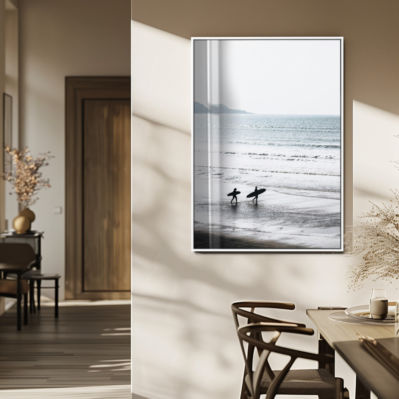 MGV-FP-48X32-3P - Surfer Silhouettes Wall Art Canvas Print, Framed Minimalist Ocean Art Picture Print, Soft Horizon Perfect Minimalist Coastal Decor Artwork
