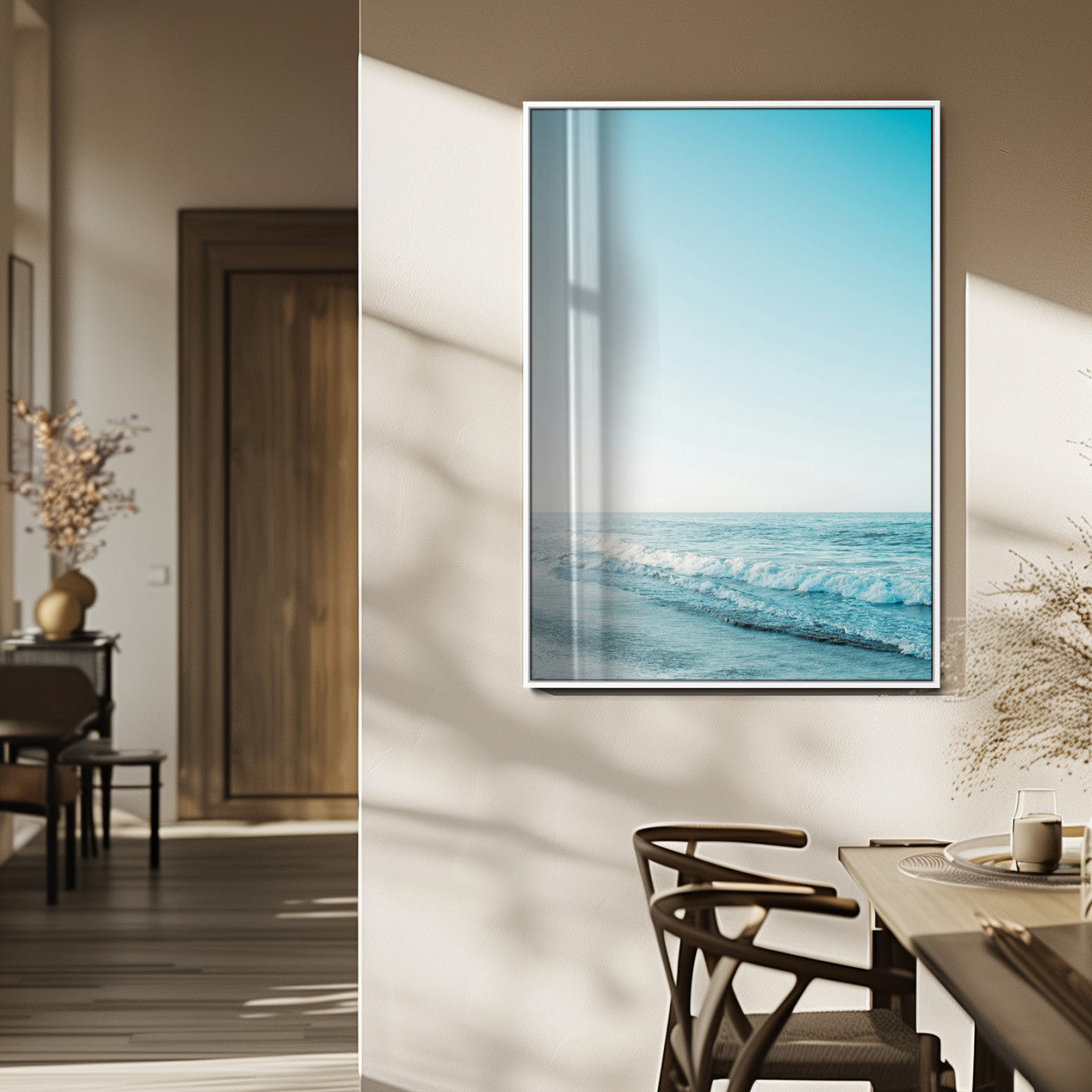 MGV-FP-48X32-3P - Minimalist Ocean Wall Art Canvas Print, Framed Calm Seascape Art Picture Print, Soft Blue Tones Perfect Coastal Minimalist Decor Artwork