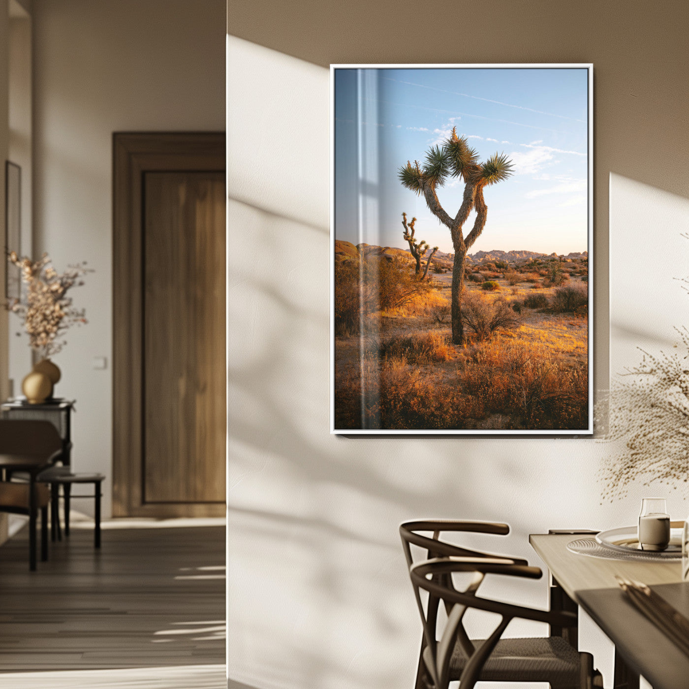 MGV-FP-48X32-3P - Joshua Tree Wall Art Canvas Print, Framed Golden Hour Desert Art Picture Print, Sunset Glow Perfect Southwestern Boho Decor Artwork