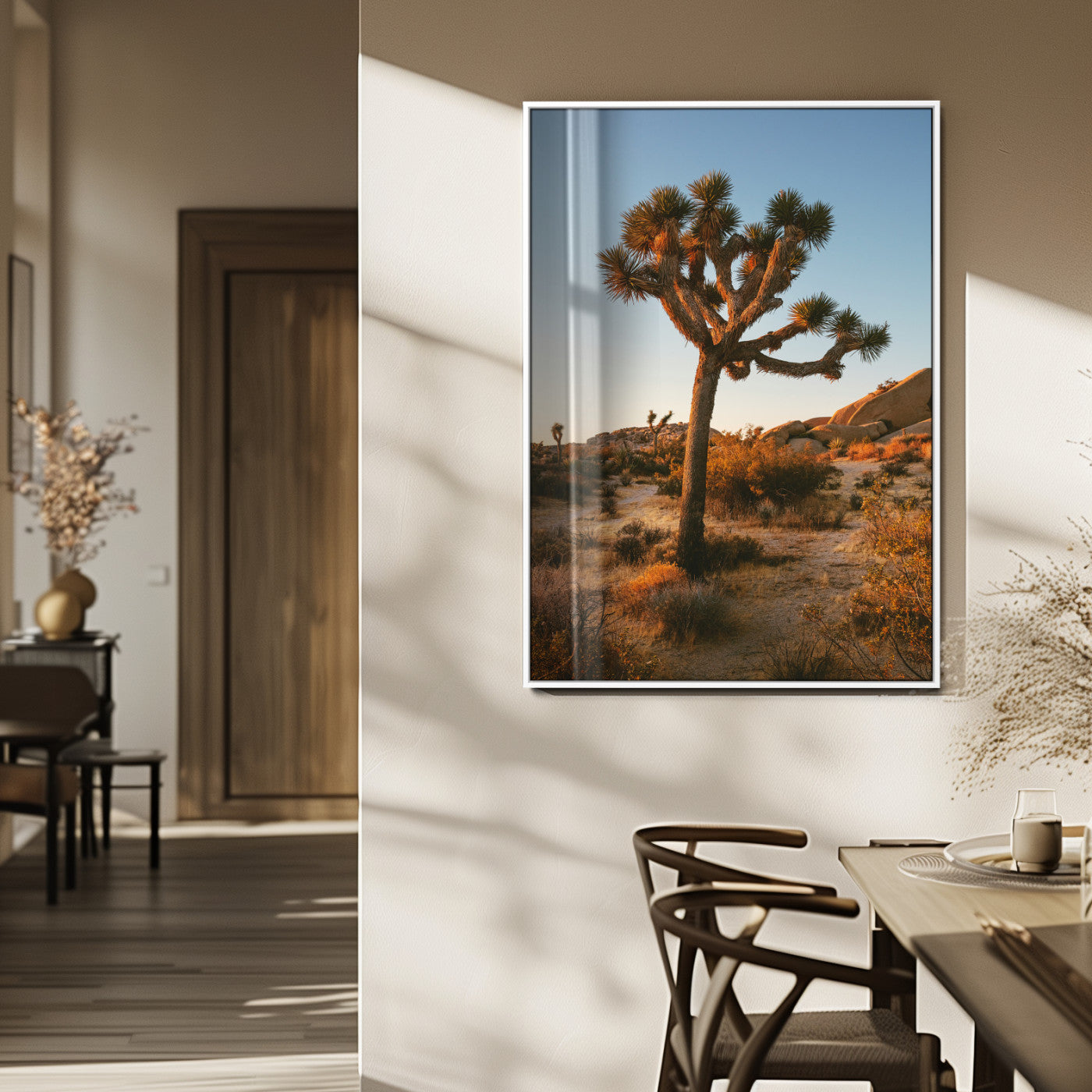 MGV-FP-48X32-3P - Joshua Tree Wall Art Canvas Print, Framed Desert Sunset Art Picture Print, Golden Hour Light Perfect Southwestern Boho Decor Artwork