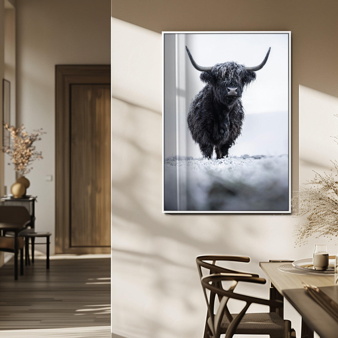 MGV-FP-48X32-3P - Frosty Black Highland Wall Art Canvas Print, Framed Moody Winter Aesthetic Art Picture Print, Scottish Highlands Perfect Modern Rustic Decor Artwork