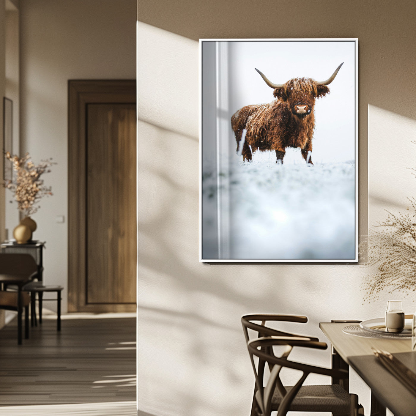 MGV-FP-48X32-3P - Highland Cow Wall Art Canvas Print, Framed Horned Cow Art Picture Print, Scottish Cattle Perfect Farmhouse Decor Artwork