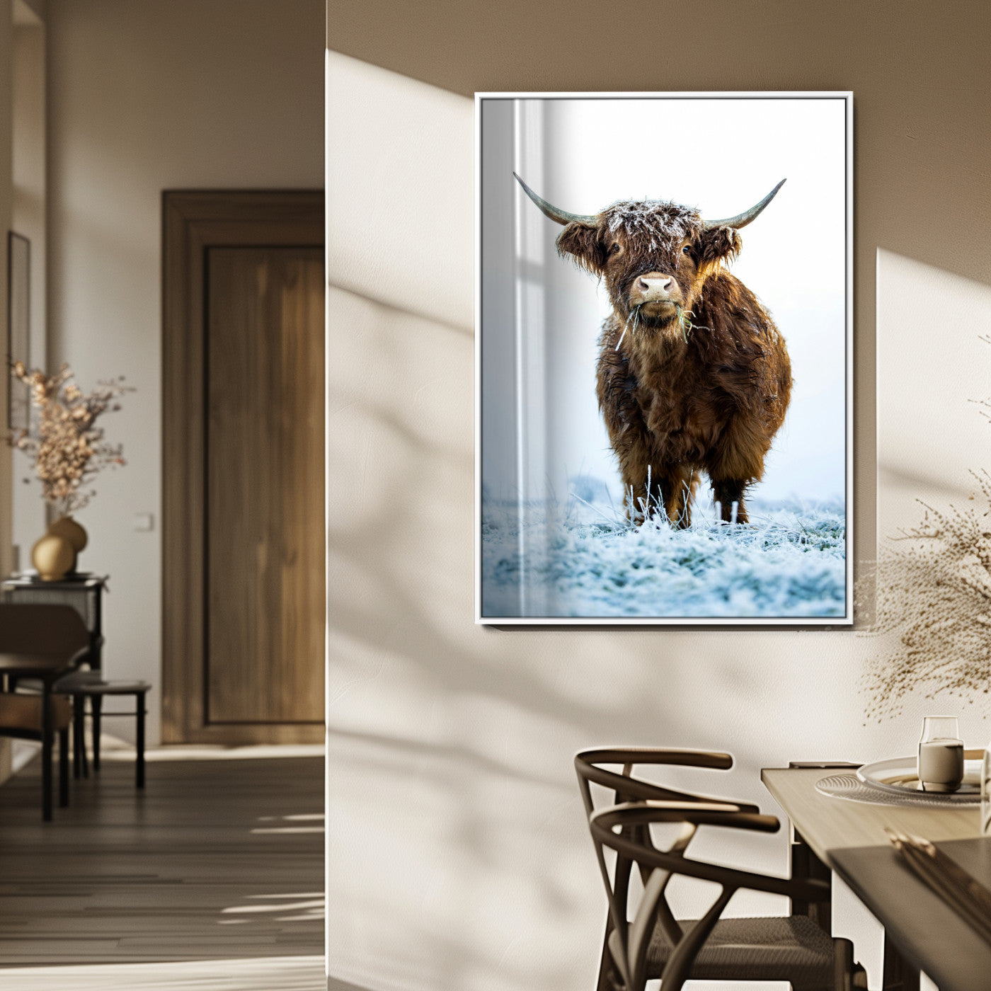 MGV-FP-48X32-3P - Highland Cow Wall Art Canvas Print, Framed Frosty Grass Art Picture Print, Winter Scene Perfect Rustic Farmhouse Decor Artwork