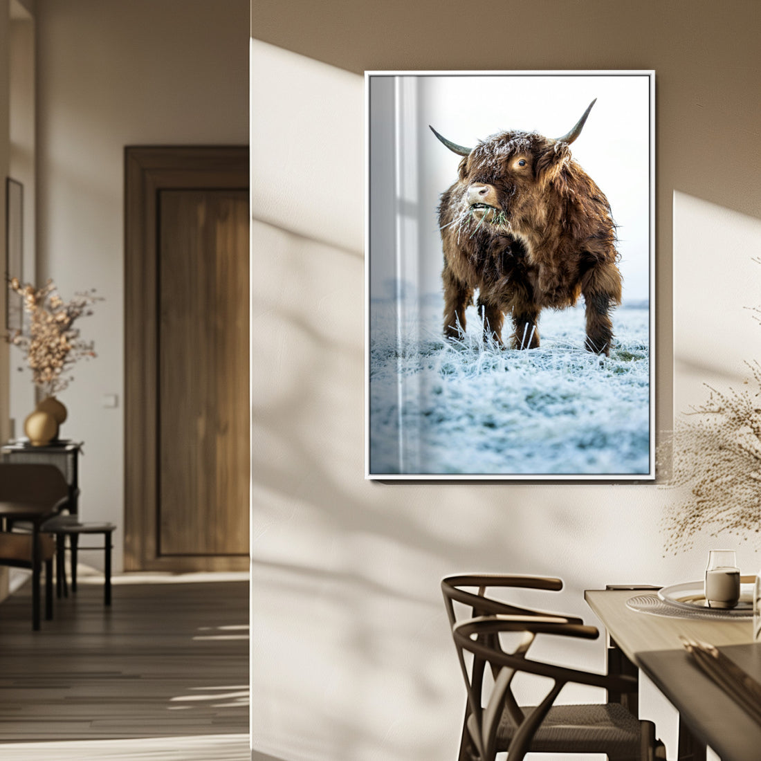 Minimalist Scottish Highland Cow Wall Art Canvas Print, Framed Farmhouse Country Style