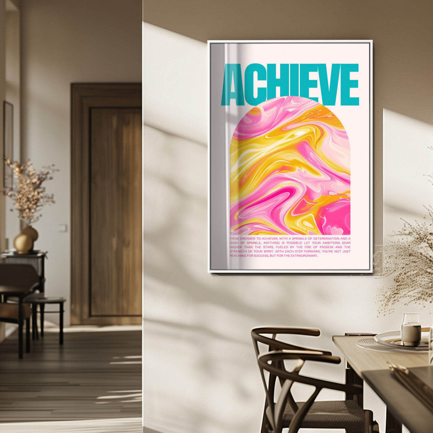 MGV-FP-48X32-3P - Achieve Motivational Poster Canvas Wall Art – Inspirational Abstract Pink & Yellow Swirls, Positive Quote Decor for Office, Home