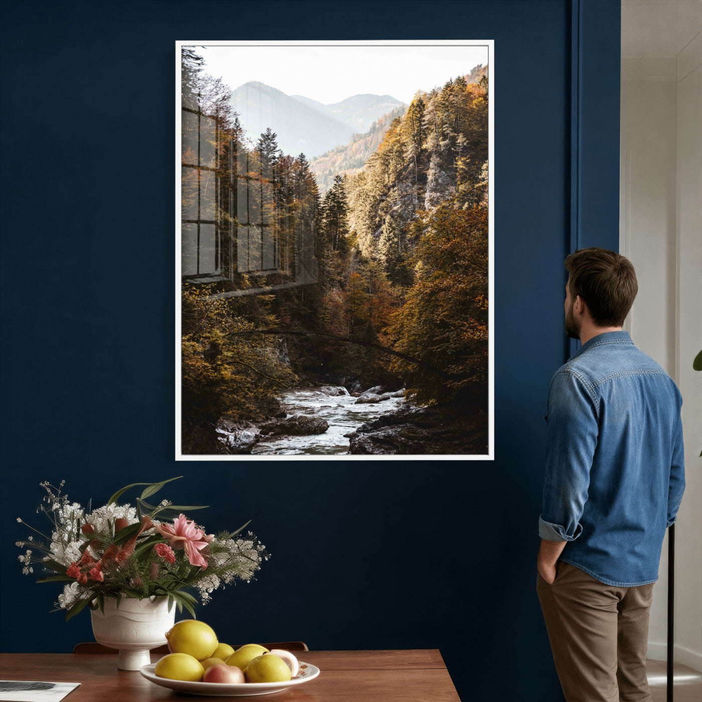 73651627-MGV-CV-24X36 - Autumn Forest Mountain Wall Art Canvas Print, Nature Landscape Wall Decor, Scenic River Forest Artwork, Rustic Woodland Canvas Wall Art, Framed Canvas Wall Art Ready to Hangq