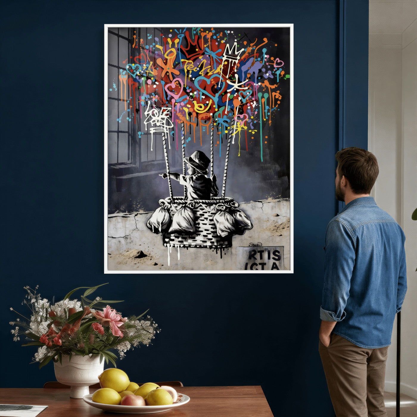 56325542-MGV-CV-24X36 - Banksy Inspired Boy Swing Wall Art Canvas Print, Graffiti Balloon Hearts Street Art, Colorful Urban Mural Artwork for Modern Living Room Decor