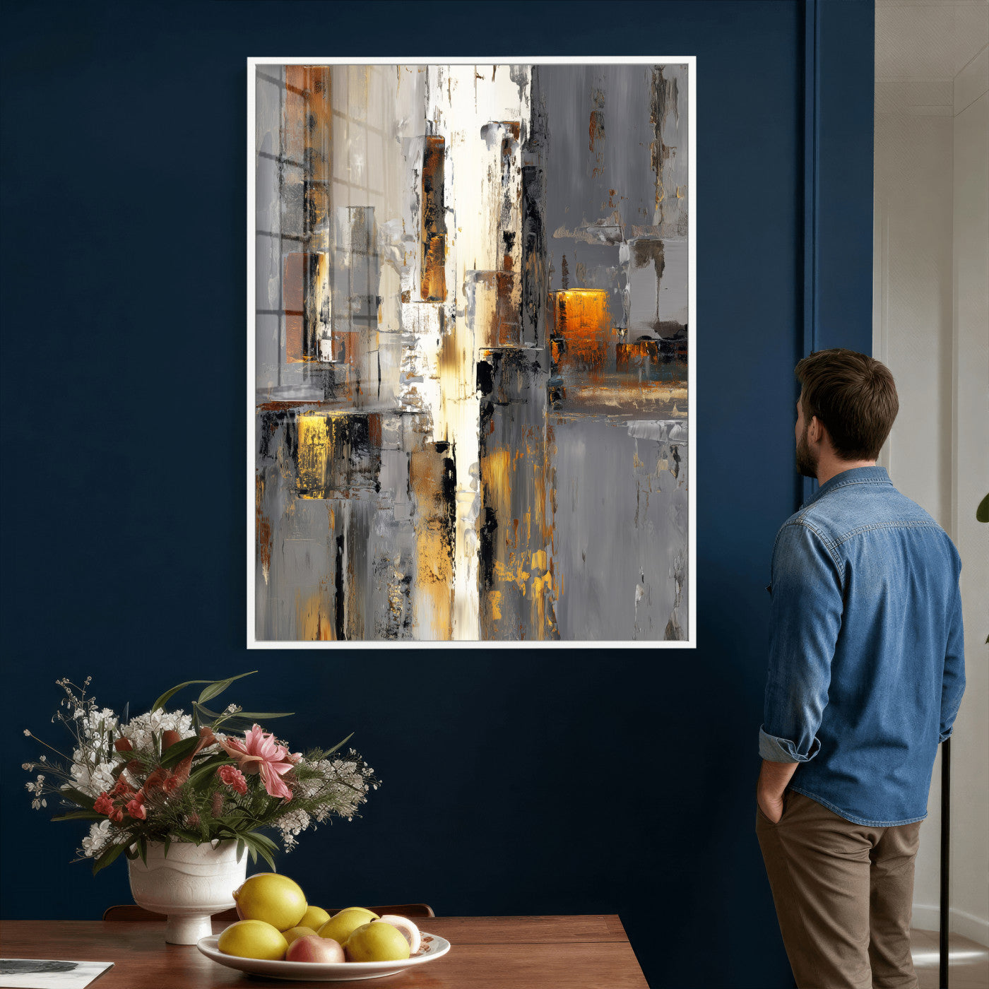 35992080-MGV-CV-24X36 - Abstract Urban Reflection Wall Art Canvas Print, Gold Black Modern Architecture Canvas Print, Contemporary Moody City Artwork for Living Room Decor