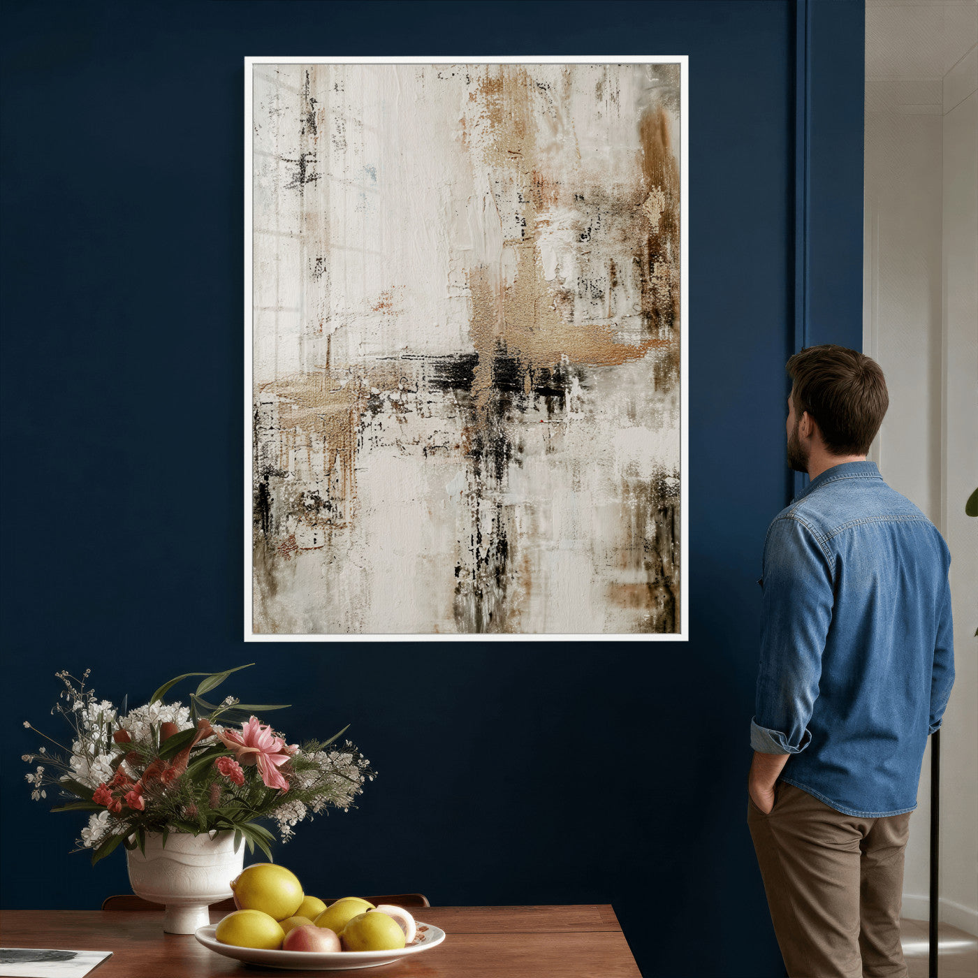 381262454-MGV-CV-24X36 - Neutral Abstract Wall Art Canvas Print, Beige Black Textured Modern Canvas Print, Minimalist Contemporary Artwork for Living Room Decor
