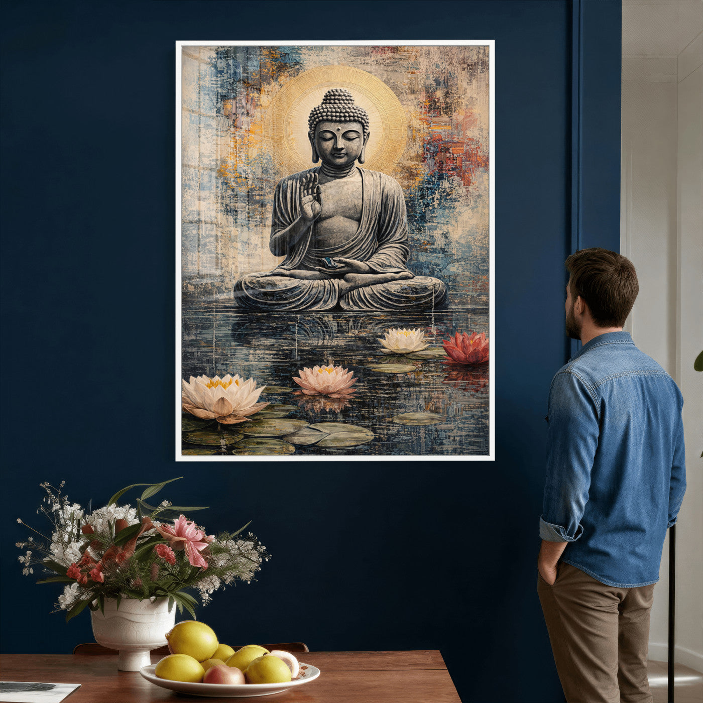 3812625445543-MGV-CV-24X36 - Serene Buddha with Lotus Flowers | Tranquil Meditation Art | Zen Wall Decor for Mindful Living Spaces | Spiritual Canvas Print