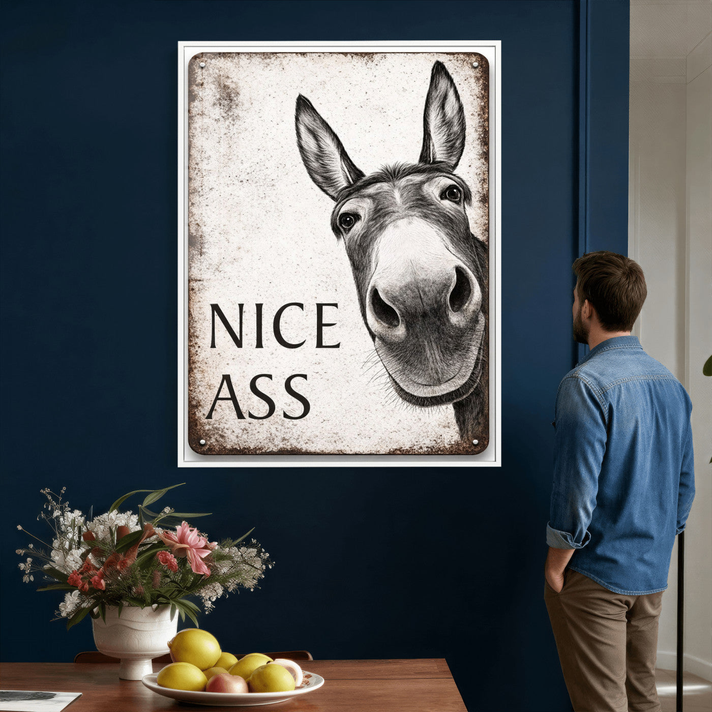 8151788R6-MGV-CV-24X36 - Funny Donkey Bathroom Wall Art Canvas Print, Nice Ass Farm Animal Sign, Rustic Farmhouse Humor Decor, Toilet Wall Art