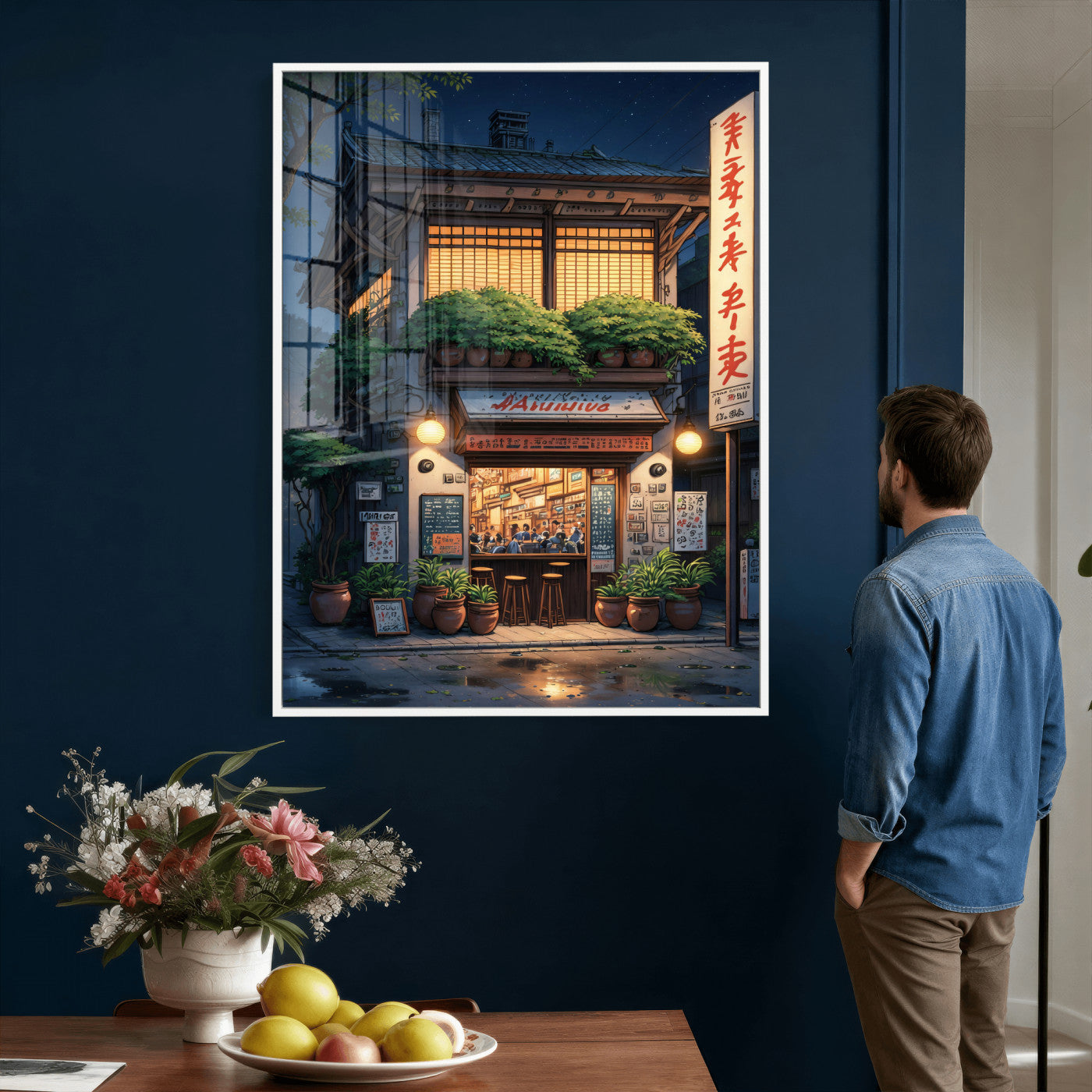 4712069TE1-MGV-CV-24X36 - Evening at the Ramen Shop Canvas Wall Art — Japan Night Anime Print | Japanese Restaurant Decor | Lofi Wall Art | Ramen Lover Gift