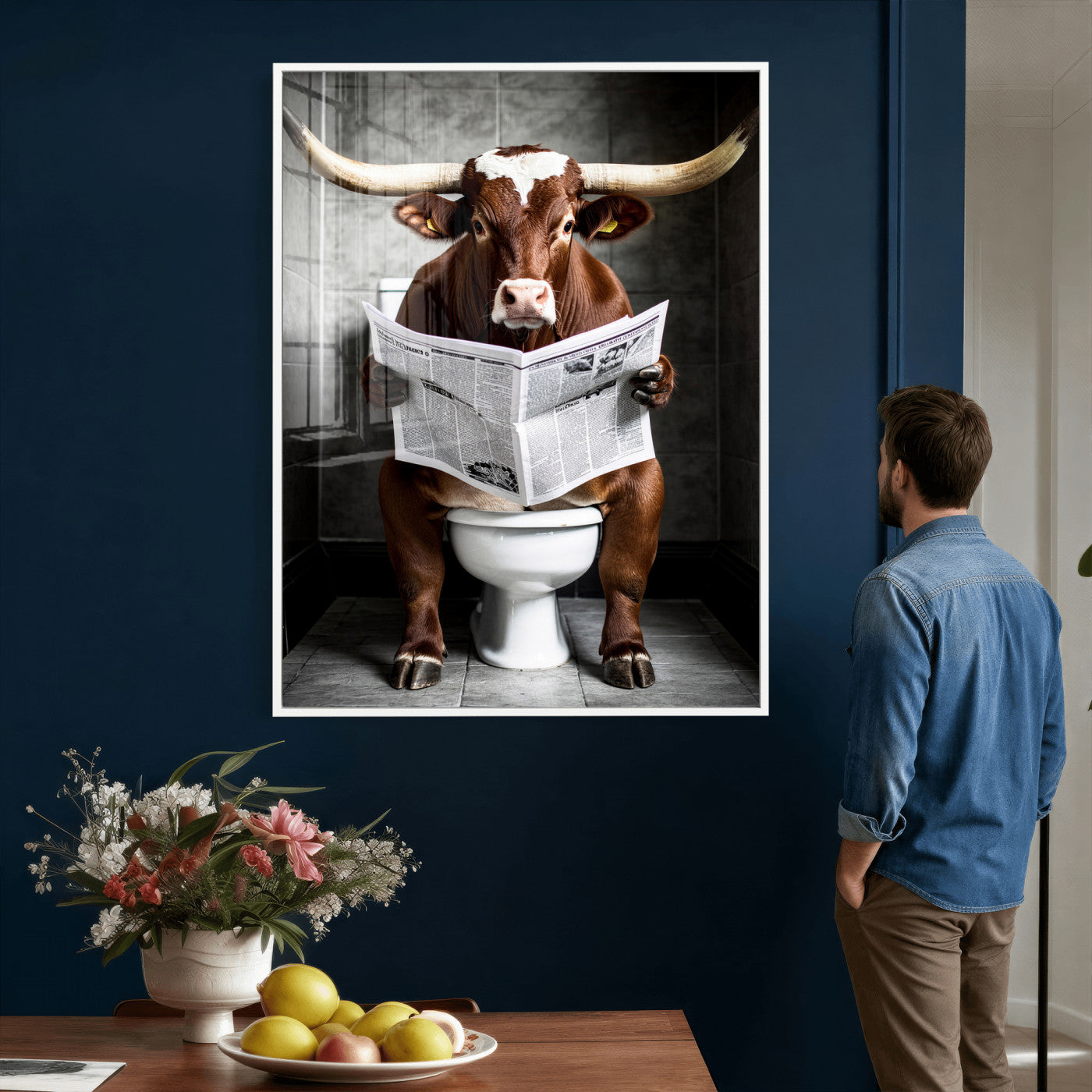 69808726-MGV-CV-24X36 - Texas Longhorn Cow Toilet Paper Canvas Wall Art, Funny Bathroom Black White Print, Cute Animal Humor Decor, Quirky Farmhouse Bathroom Art, Cow Lover Gift