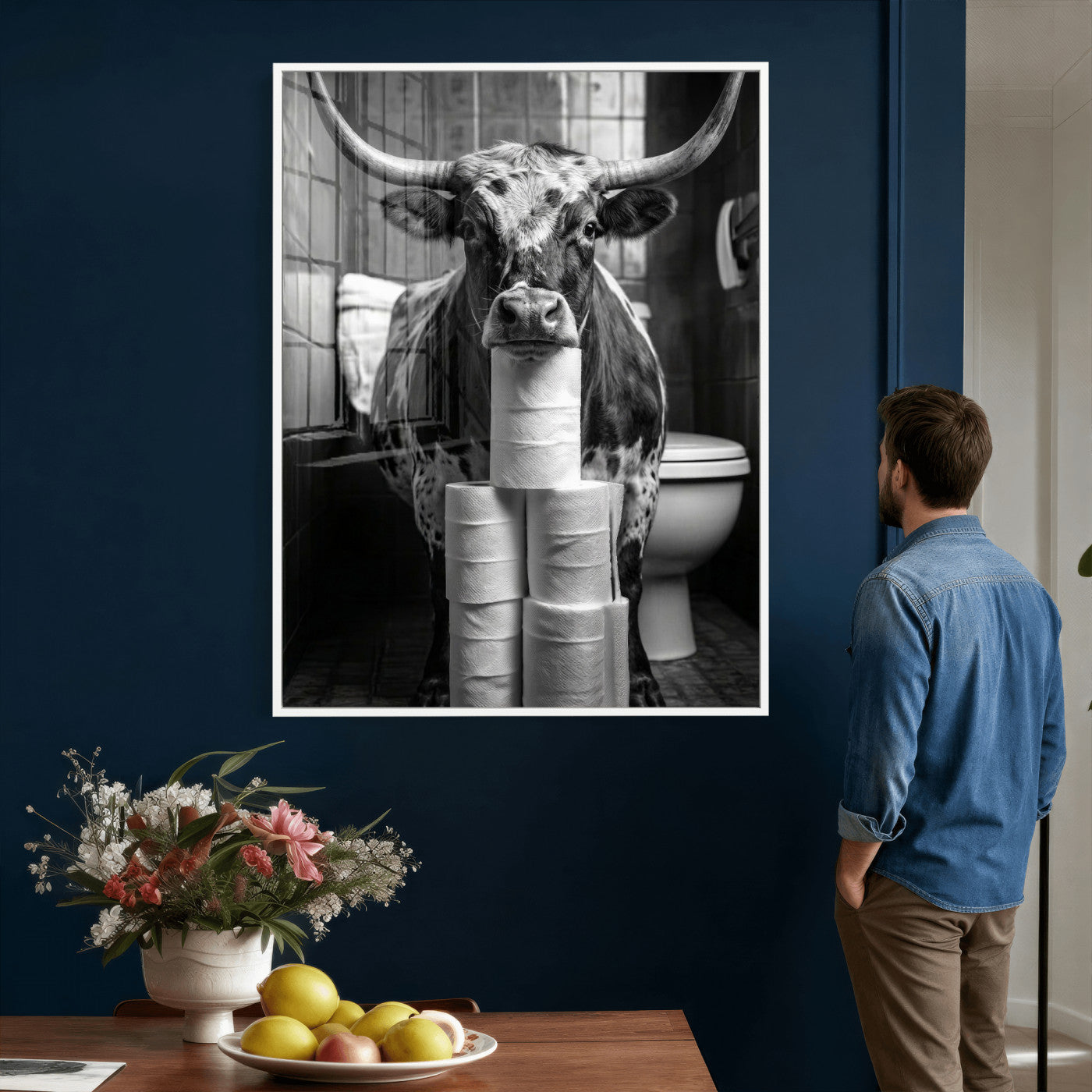 79259956-MGV-CV-24X36 - Texas Longhorn Cow Toilet Paper Canvas Wall Art, Funny Bathroom Black White Print, Cute Animal Humor Decor, Quirky Farmhouse Bathroom Art, Cow Lover Gift