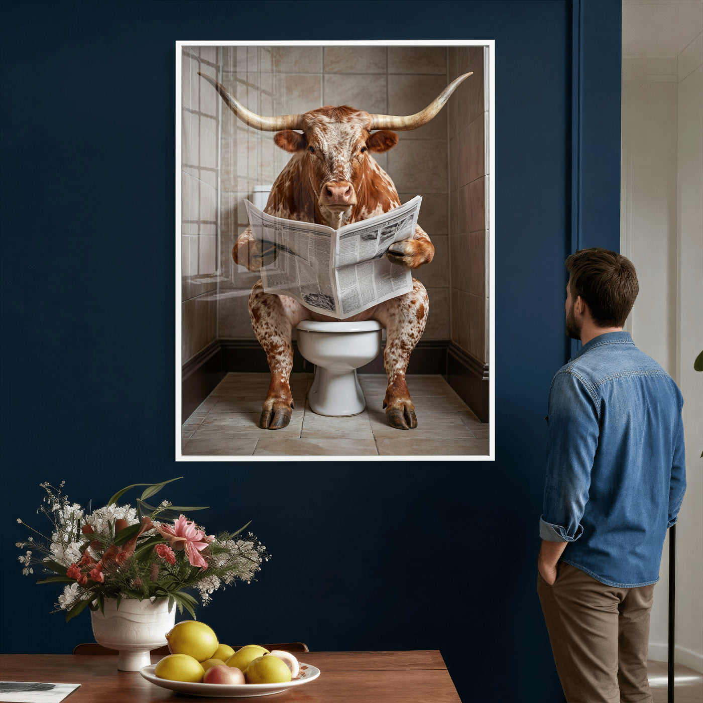 17728527-MGV-CV-24X36 - Funny Bathroom Canvas Wall Art, Texas Longhorn on Toilet Reading Newspaper, Humor Animal Print, Farmhouse Bathroom Decor, Quirky Cow Gift, Toilet Room Art