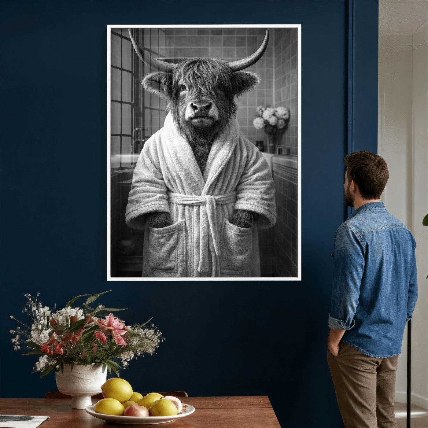 98453723-MGV-CV-24X36 - Funny Bathroom Wall Art Canvas Print, Highland Cow in Bathrobe, Black and White Humor Decor, Animal Bathroom Print, Farmhouse Bathroom Art