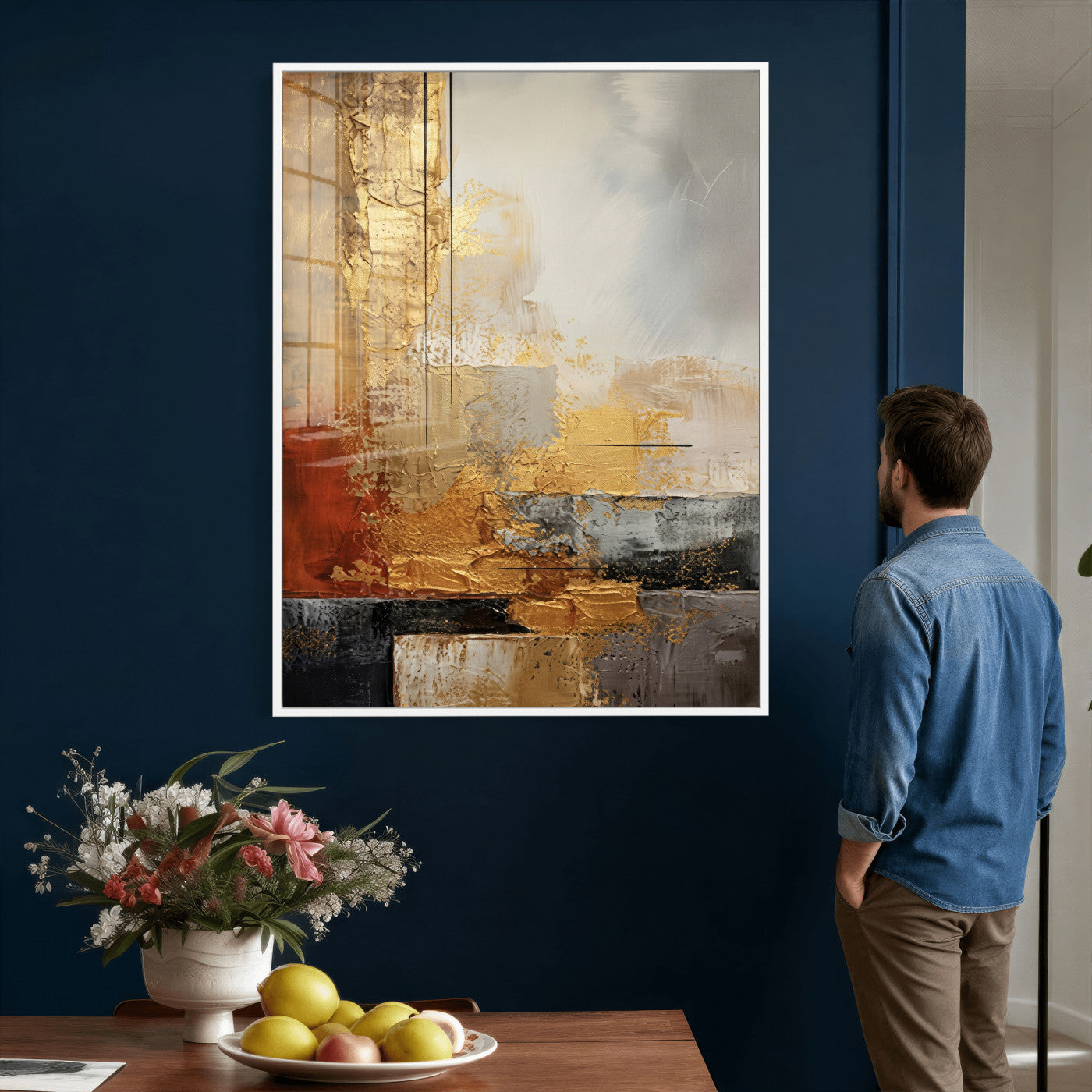 98453723G-MGV-CV-24X36 - Gold Abstract Canvas Wall Art, Luxury Textured Style Gold Leaf Painting Print, Modern Glam Decor, Gold Grey Rust Abstract Art, Living Room Statement Art