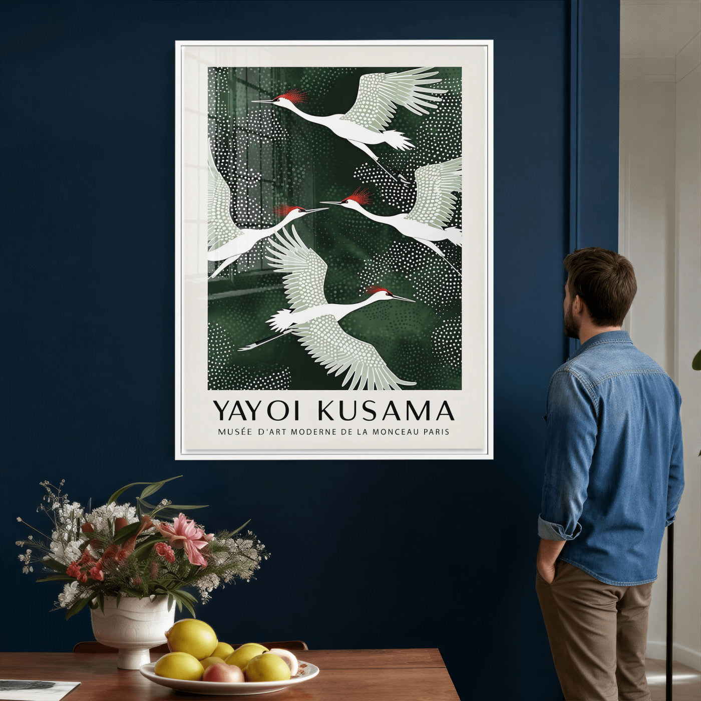 63036906-MGV-CV-24X36 - Yayoi Kusama Crane Bird Wall Art Canvas Print, Japanese Inspired Flying Heron Framed Artwork, Green Botanical Nature Decor for Living Room Bedroom Office