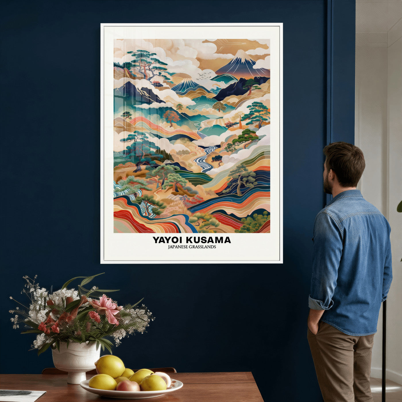 71553303-MGV-CV-24X36 - Yayoi Kusama Japanese Landscape Wall Art Canvas Print, Colorful Mountain and River Framed Artwork, Nature Inspired Asian Scenic Decor for Living Room Bedroom Office