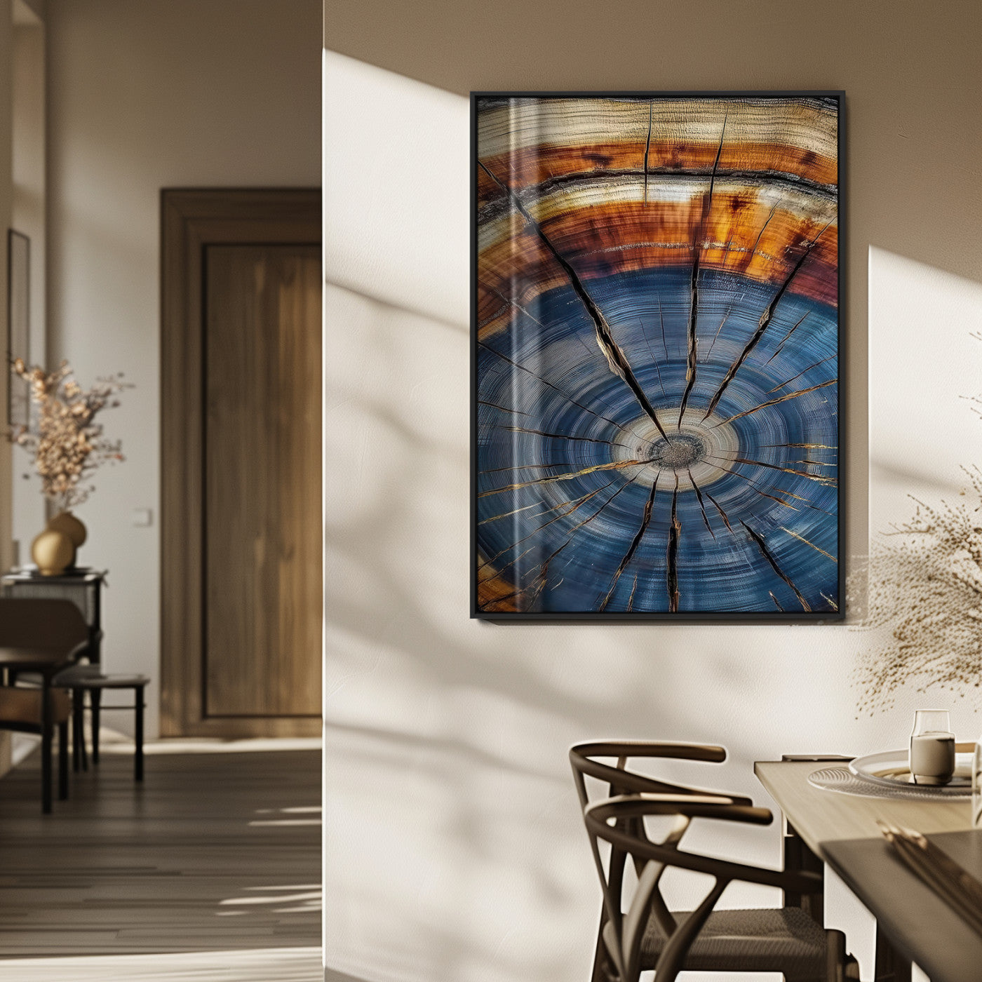MGV-FP-48X32-3P - Tree Rings Wall Art Canvas Print, Framed Wood Texture Art Picture Print, Blue Grain Perfect Rustic Modern Decor Artwork
