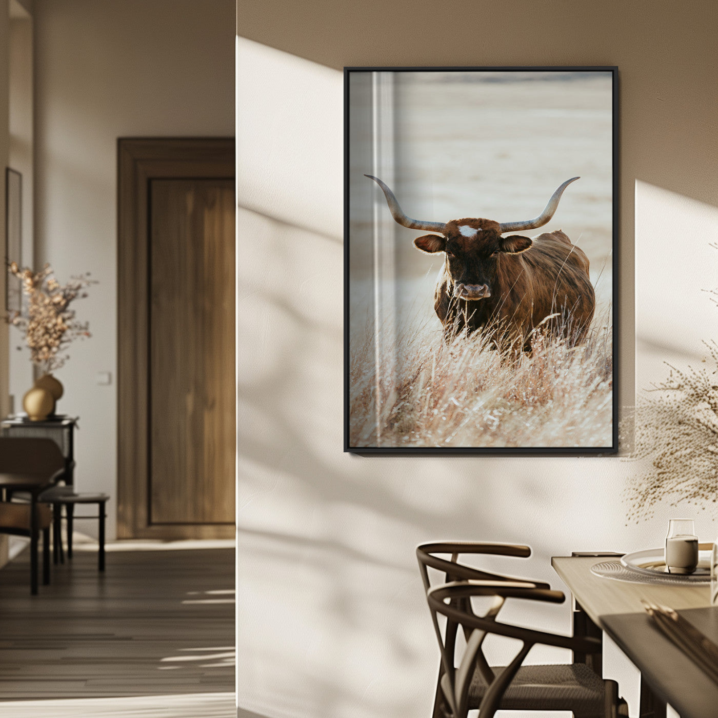 MGV-FP-48X32-3P - Texas Longhorn Wall Art Canvas Print, Framed Brown Cattle Art Picture Print, Horned Bull Perfect Rustic Western Decor Artwork