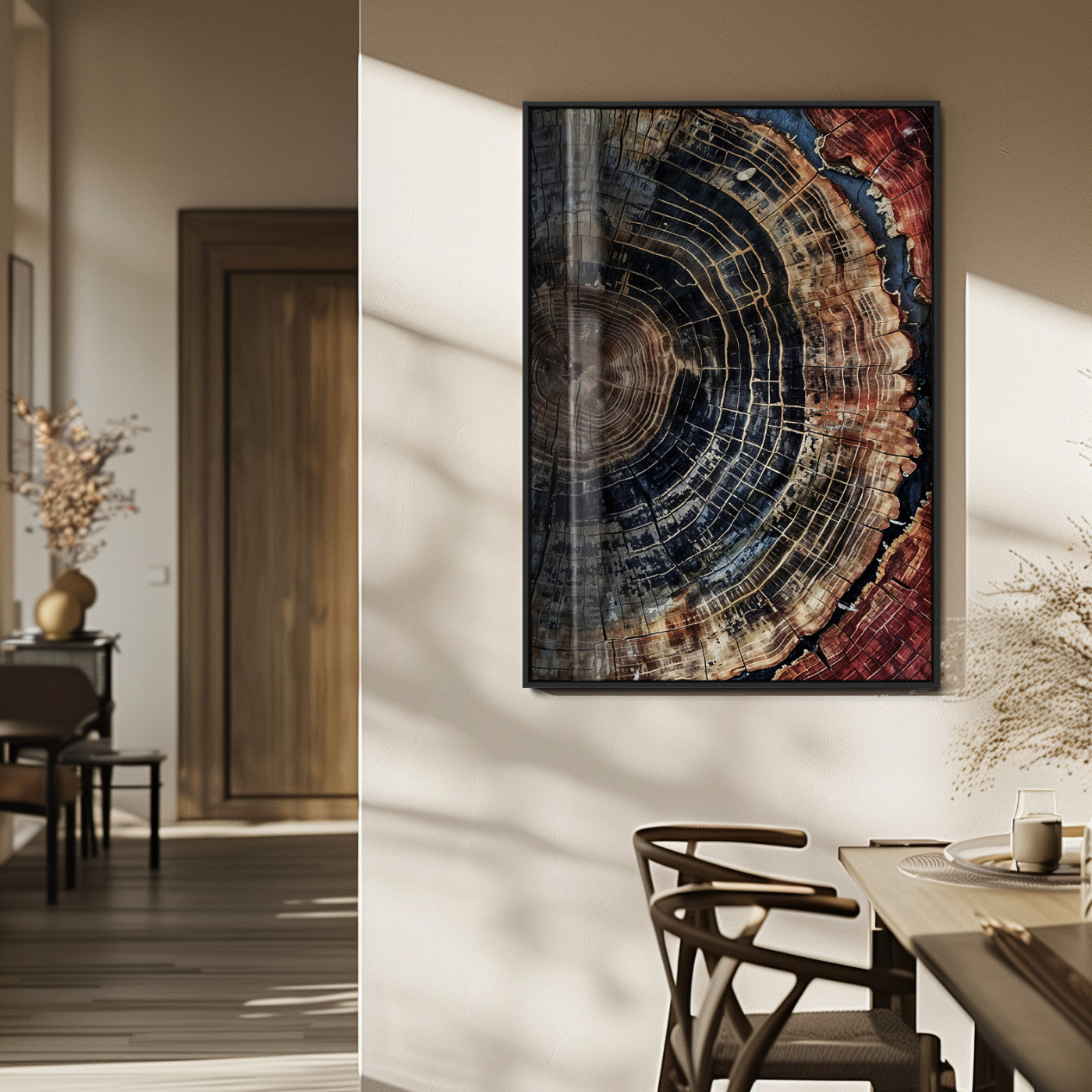 MGV-FP-48X32-3P - Tree Rings Wall Art Canvas Print, Framed Wood Grain Art Picture Print, Rustic Texture Perfect Rustic Nature Decor Artwork