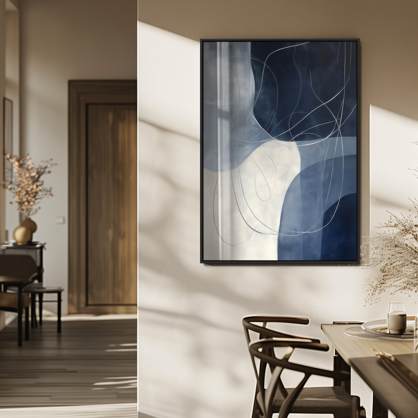 MGV-FP-48X32-3P - Navy Abstract Wall Art Canvas Print, Framed Minimal Lineart Art Picture Print, Abstract Shapes Perfect Minimalist Abstract Decor Artwork