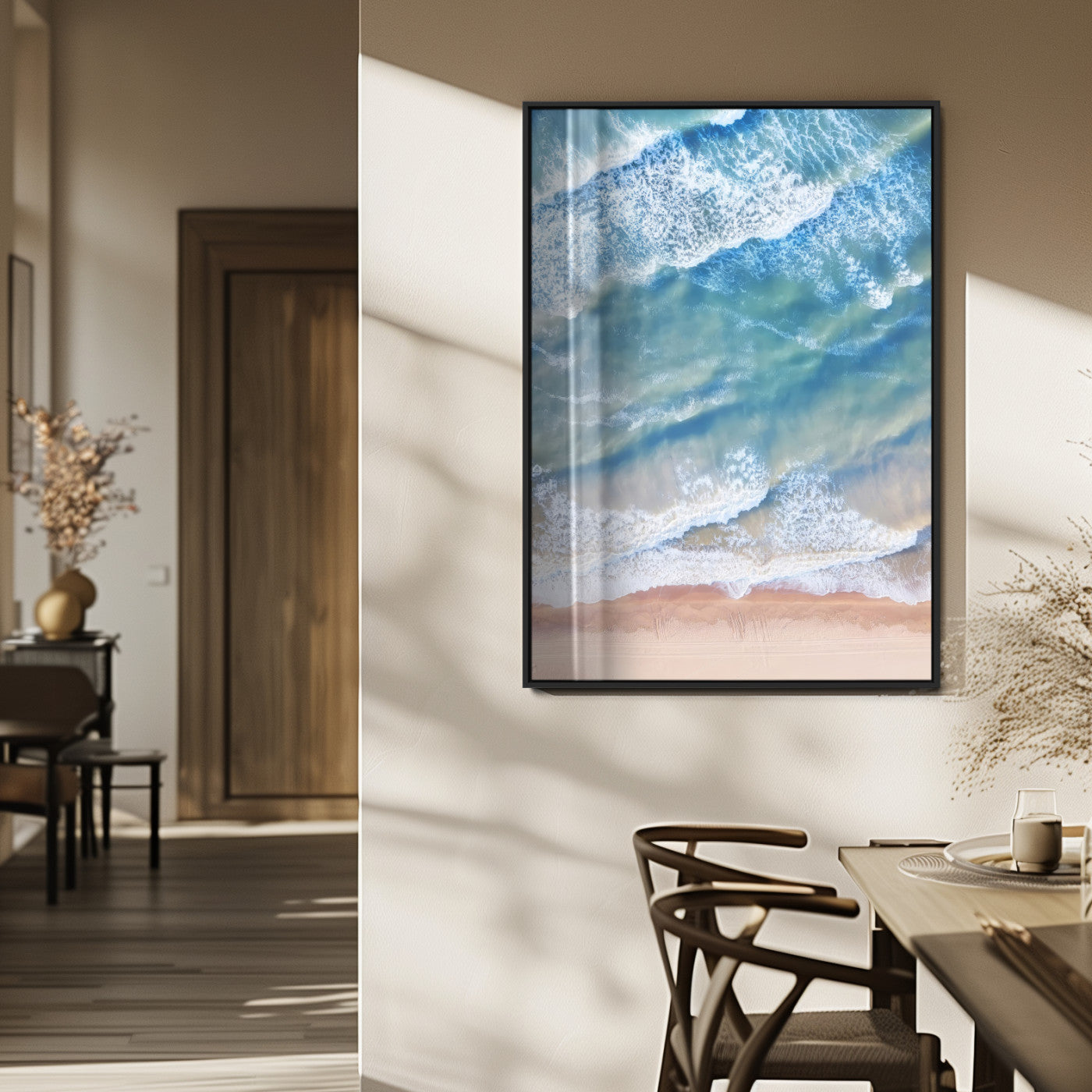 MGV-FP-48X32-3P - Aerial Ocean View Wall Art Canvas Print, Framed Soft Blue Waves Art Picture Print, Sandy Shoreline Perfect Modern Coastal Decor Artwork