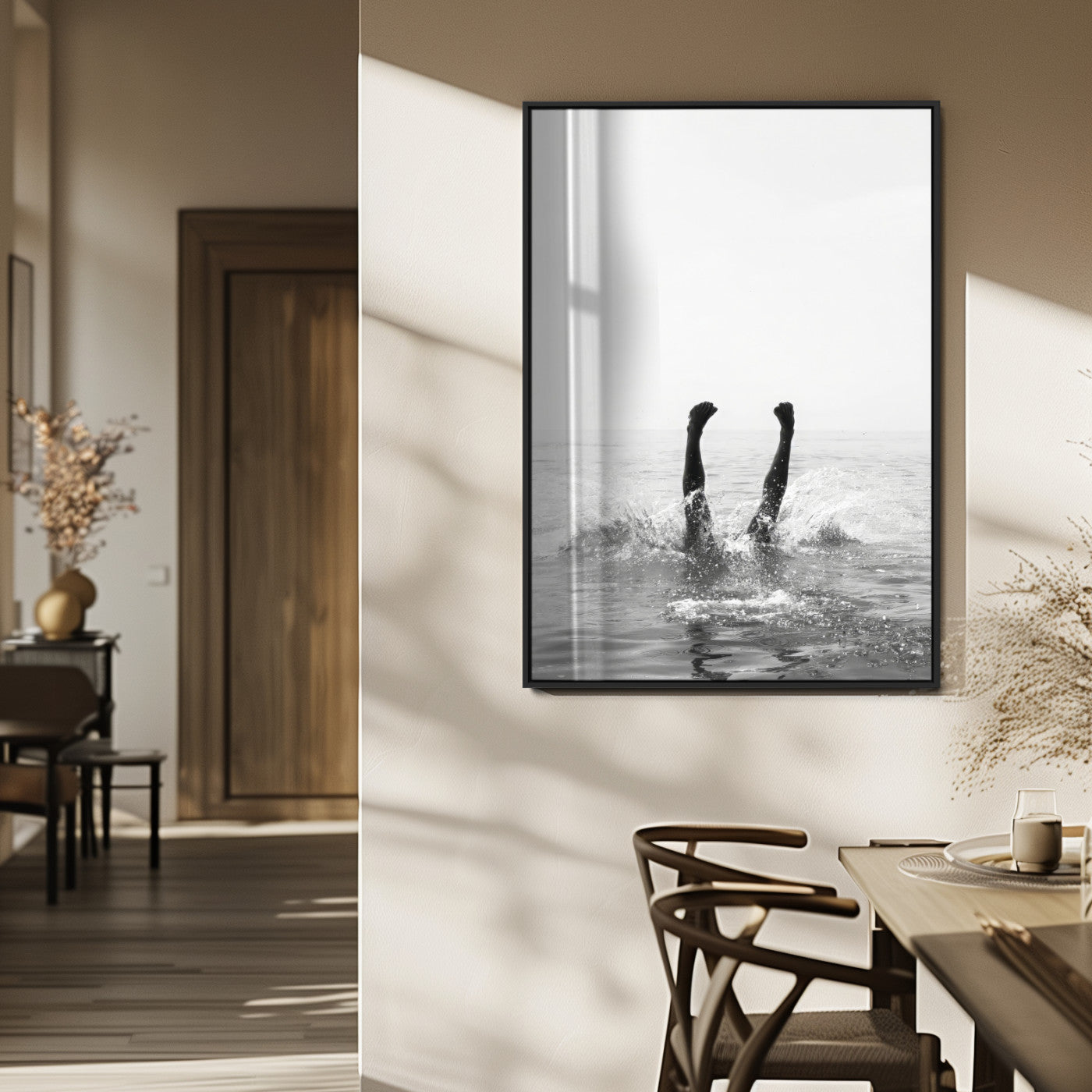 MGV-FP-48X32-3P - Minimal Ocean Wall Art Canvas Print, Framed Monochrome Diving Art Picture Print, Swimmer in Sea Perfect Minimalist Coastal Decor Artwork