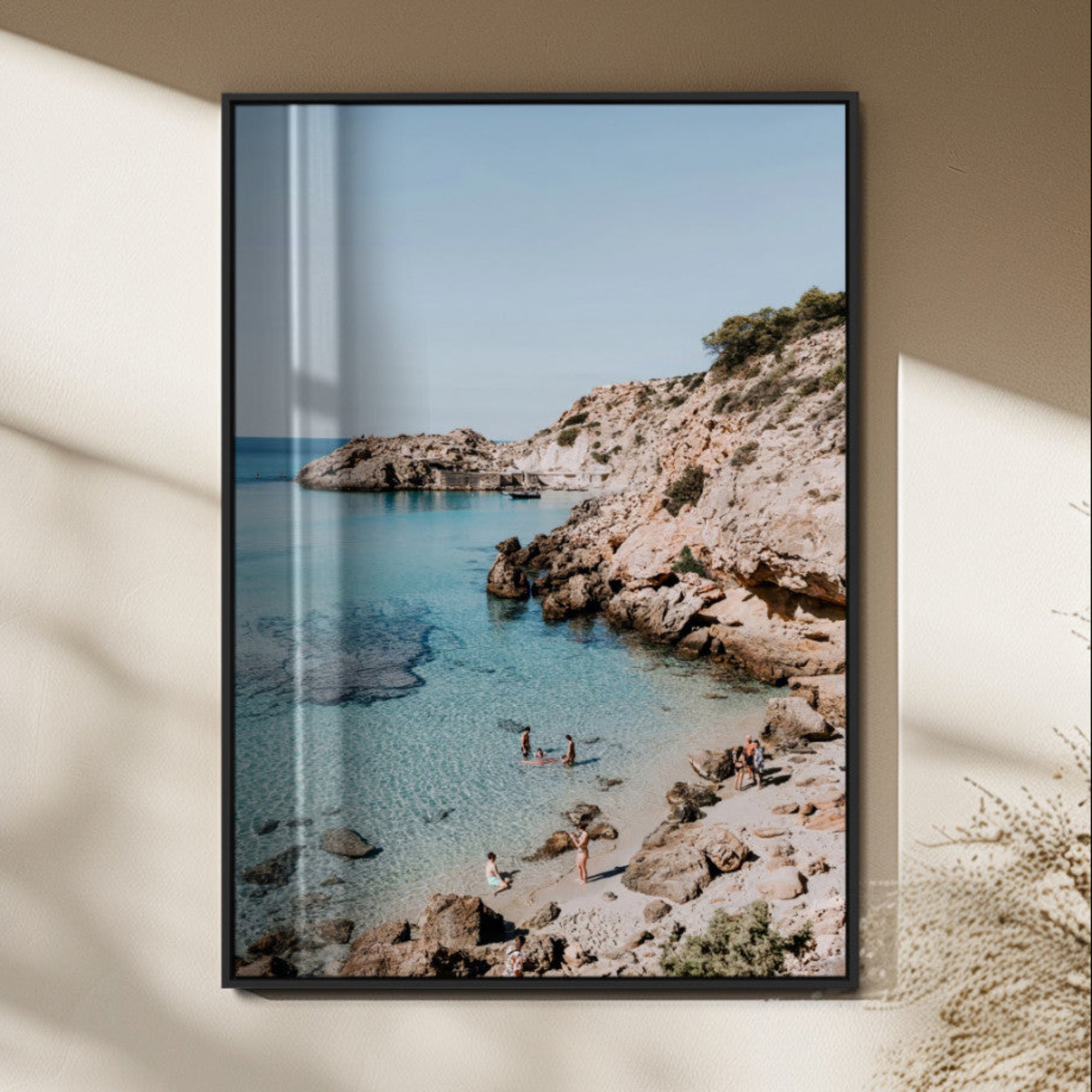 97854283-MGV-FP-48X32-3P_Black-Turquoise Cove Wall Art Canvas Print – Framed Ibiza Beach Mediterranean Shore Boho Coastal Seascape Artwork for Home Office