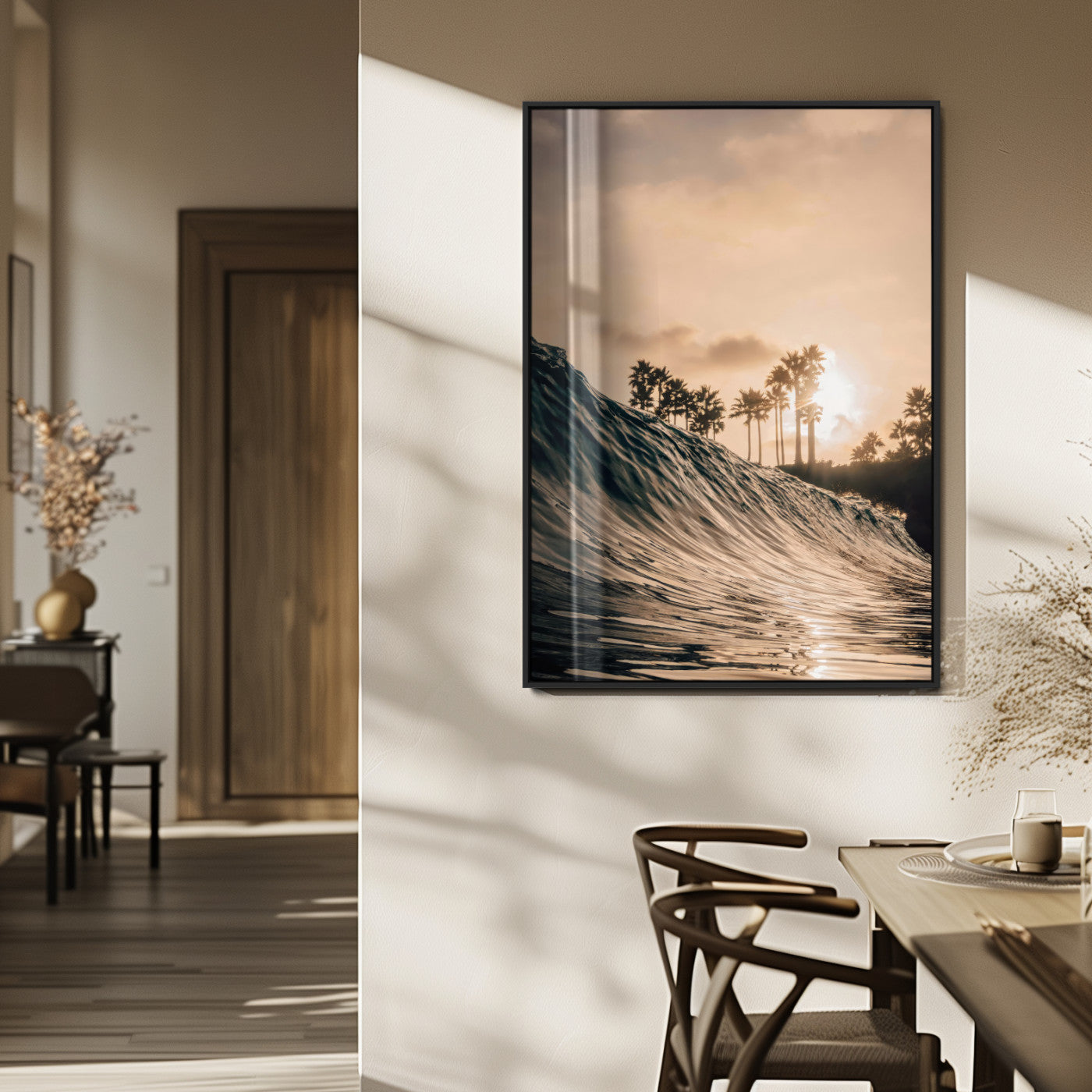 MGV-FP-48X32-3P - Golden Hour Ocean Wave Wall Art Canvas Print, Framed Tropical Beach Sunset Art Picture Print, Palm Tree Silhouettes Perfect Tropical Coastal Decor Artwork