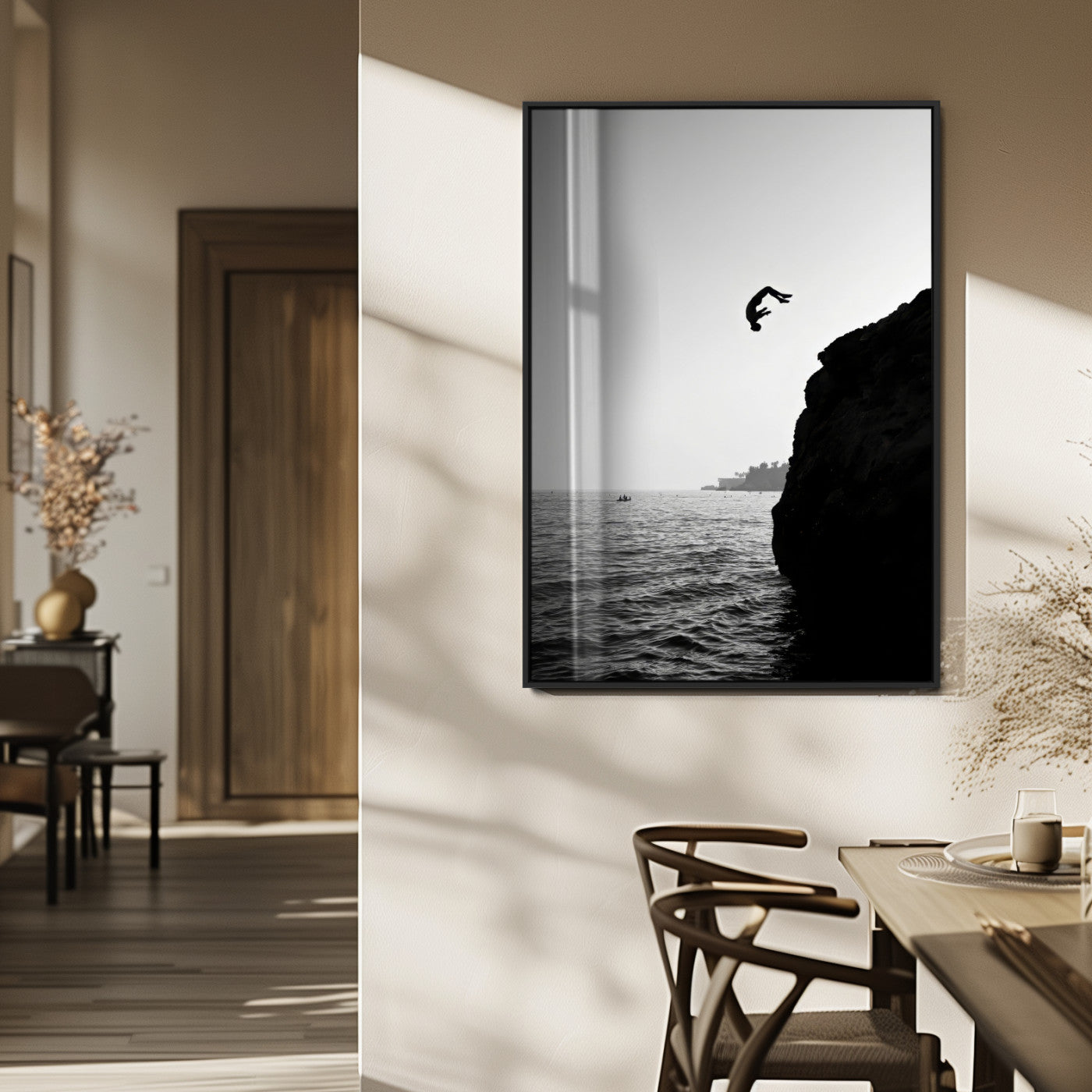 MGV-FP-48X32-3P - Cliff Jumping Silhouette Wall Art Canvas Print, Framed Black White Ocean Art Picture Print, Monochrome Cliff Dive Perfect Minimalist Adventure Decor Artwork