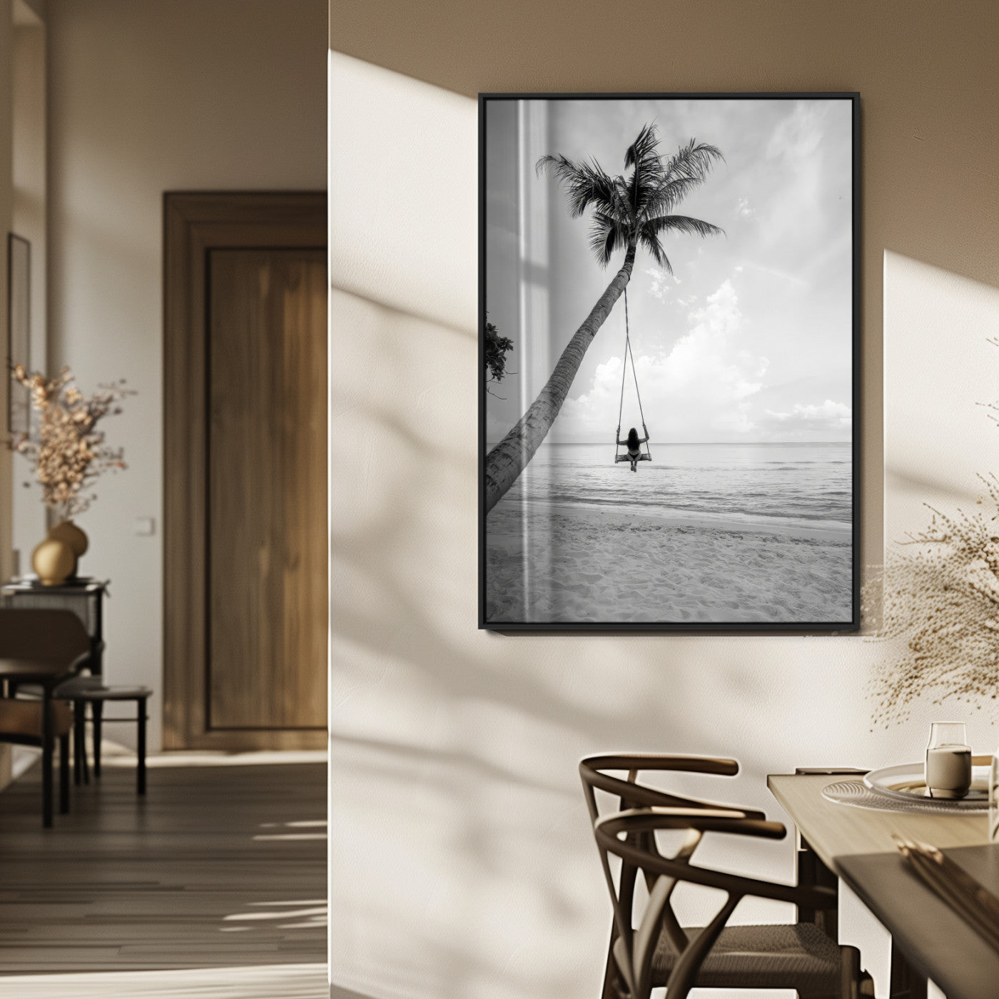 MGV-FP-48X32-3P - Black White Palm Tree Wall Art Canvas Print, Framed Minimalist Beach Swing Art Picture Print, Monochrome Coastal Perfect Minimalist Coastal Decor Artwork