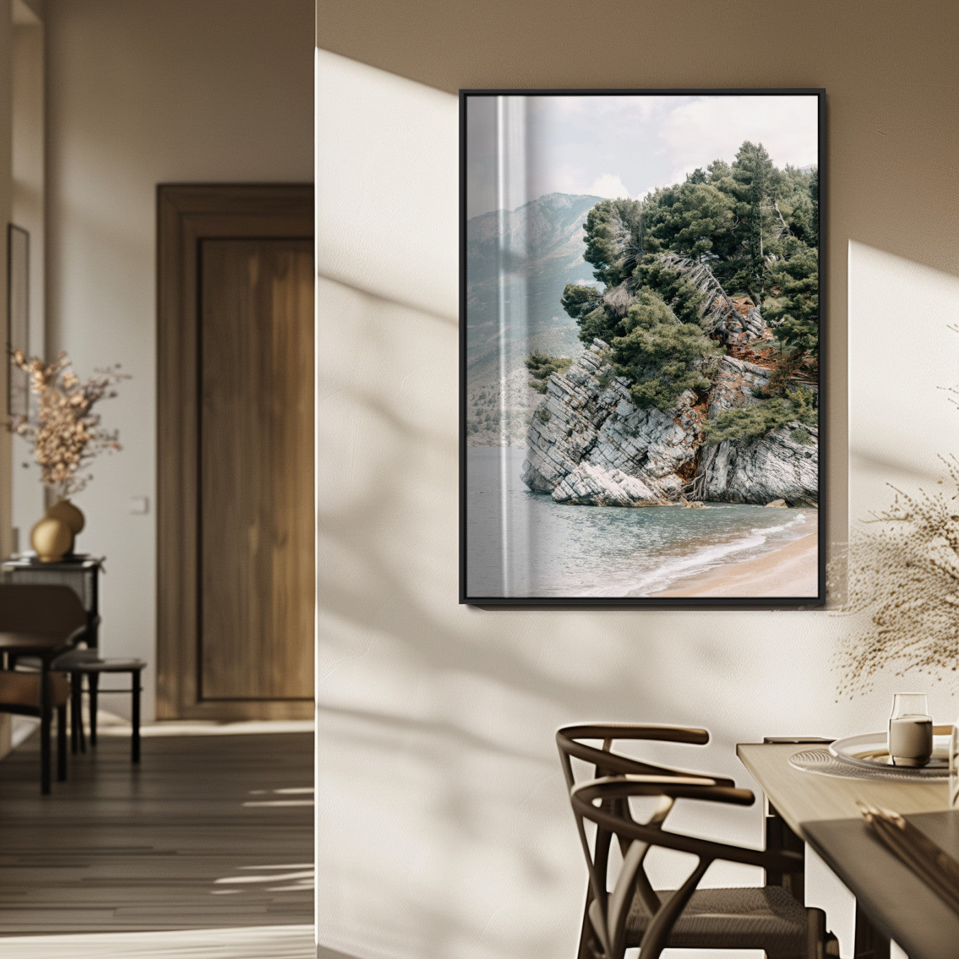 MGV-FP-48X32-3P - Beach Trees Wall Art Canvas Print, Framed Earthy Beachside Art Picture Print, Beachside Nature Perfect Rustic Coastal Decor Artwork