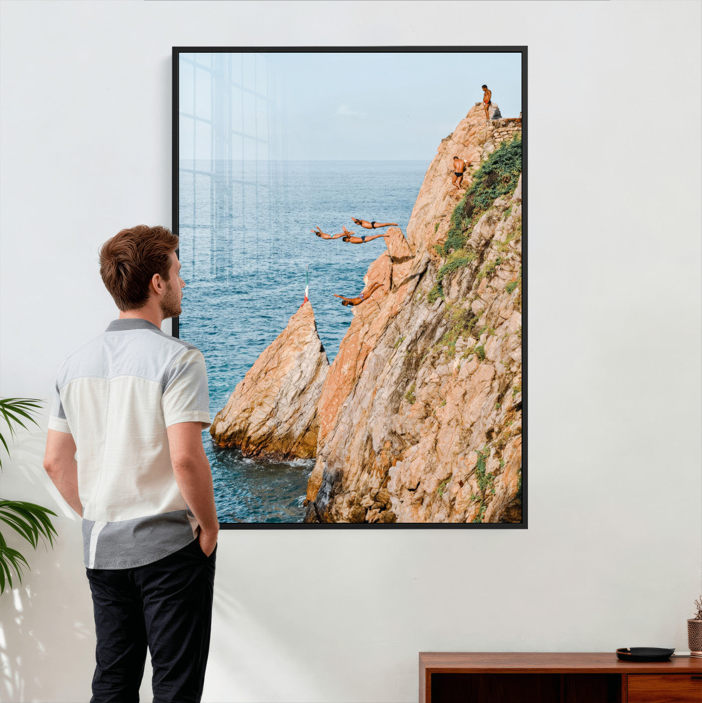 74527880-MGV-CV-24X36 - Cliff Dive Wall Art – Ocean Jump Canvas Print, Blue Sky Adventure, Waves & Rocks for Living Room or Extreme Sports Decor