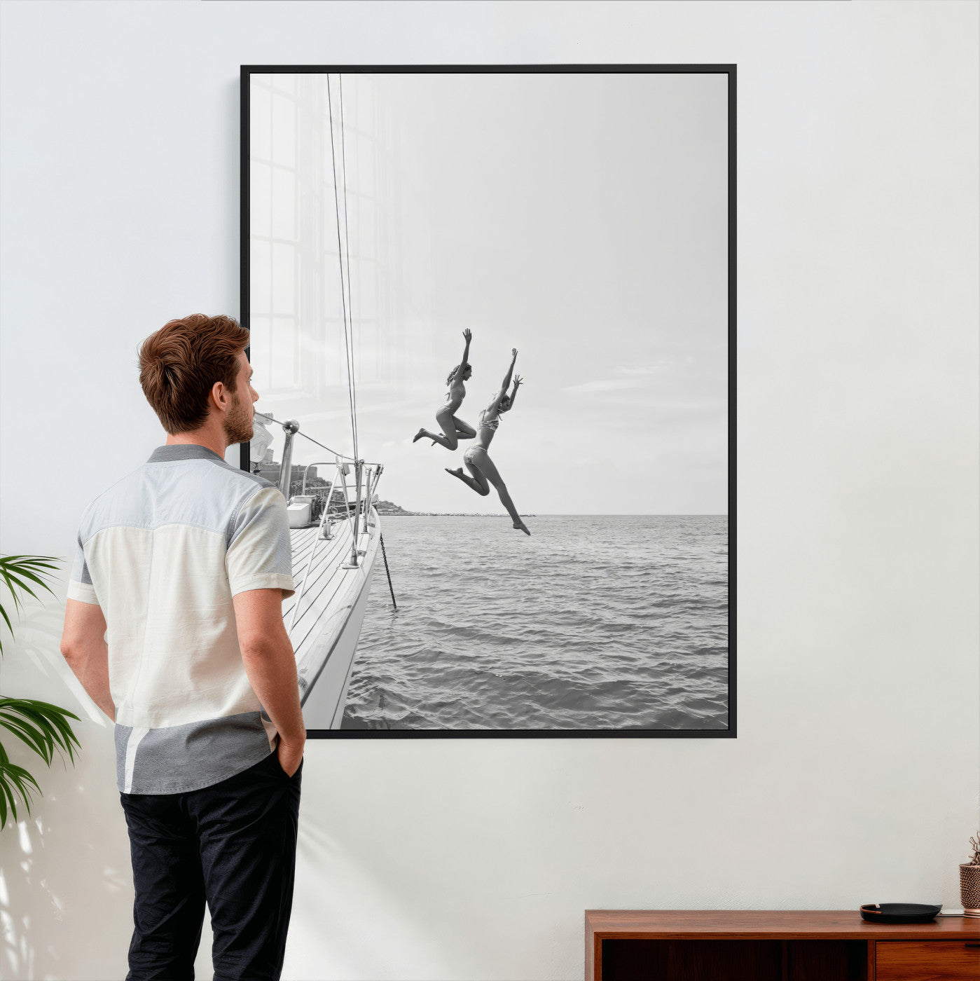 74555508-MGV-CV-24X36 - Ocean Dive Wall Art – Summer Splash Canvas Print, Waves & Sea Adventure, Black & White for Living Room or Vacation Home Decor