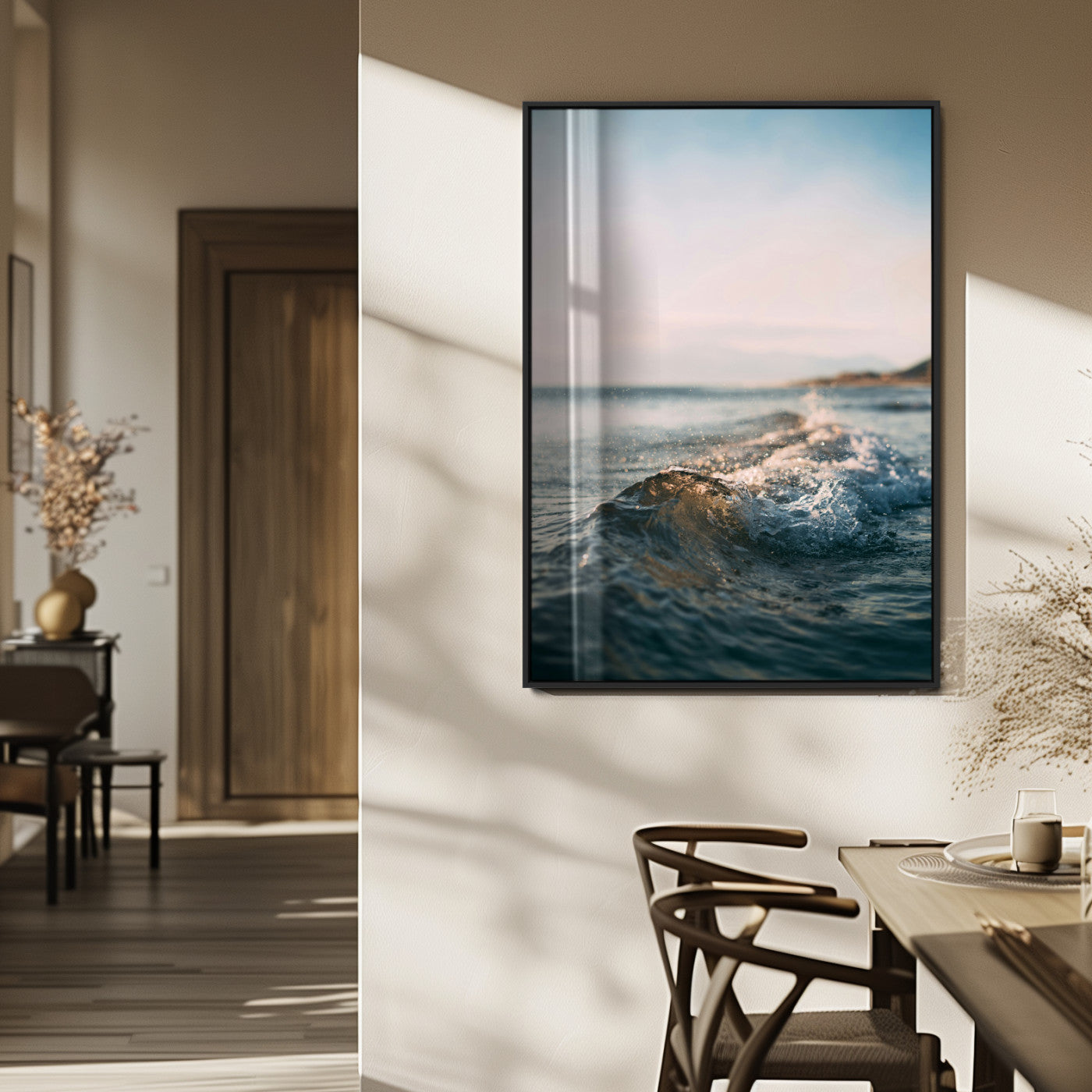MGV-FP-48X32-3P - Ocean Waves Wall Art Canvas Print, Framed Coastal Serenity Art Picture Print, Golden Hour Perfect Modern Coastal Decor Artwork