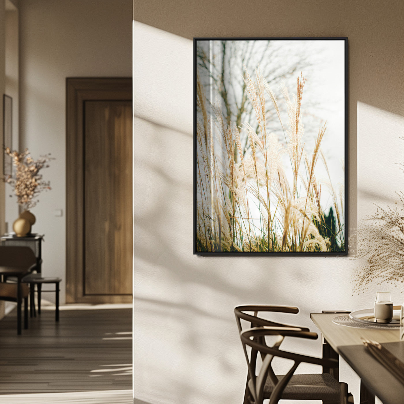 MGV-FP-48X32-3P - Pampas Grass Wall Art Canvas Print, Framed Neutral Tones Art Picture Print, Minimalist Nature Perfect Boho Minimalist Decor Artwork