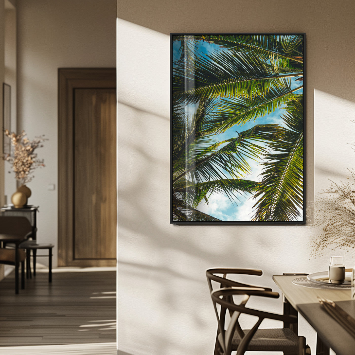 MGV-FP-48X32-3P - Palm Leaves Wall Art Canvas Print, Framed Tropical Vibes Art Picture Print, Green Foliage Perfect Tropical Boho Decor Artwork