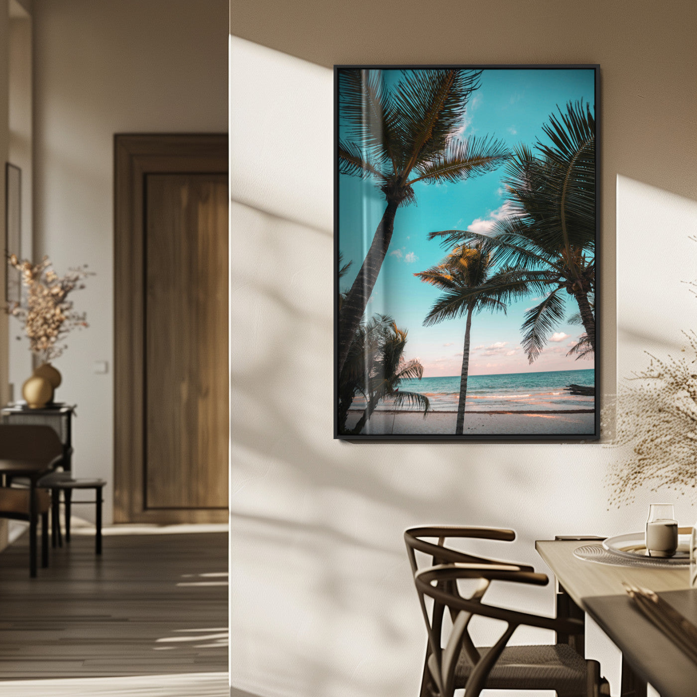 MGV-FP-48X32-3P - Palm Trees Wall Art Canvas Print, Framed Tropical Beach Art Picture Print, Ocean Breeze Perfect Tropical Coastal Decor Artwork