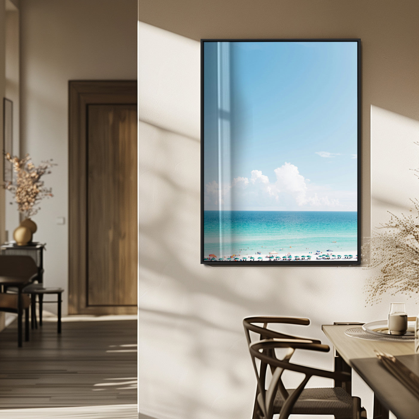 MGV-FP-48X32-3P - Turquoise Ocean Wall Art Canvas Print, Framed Coastal Serenity Art Picture Print, White Sand Beach Perfect Modern Coastal Decor Artwork