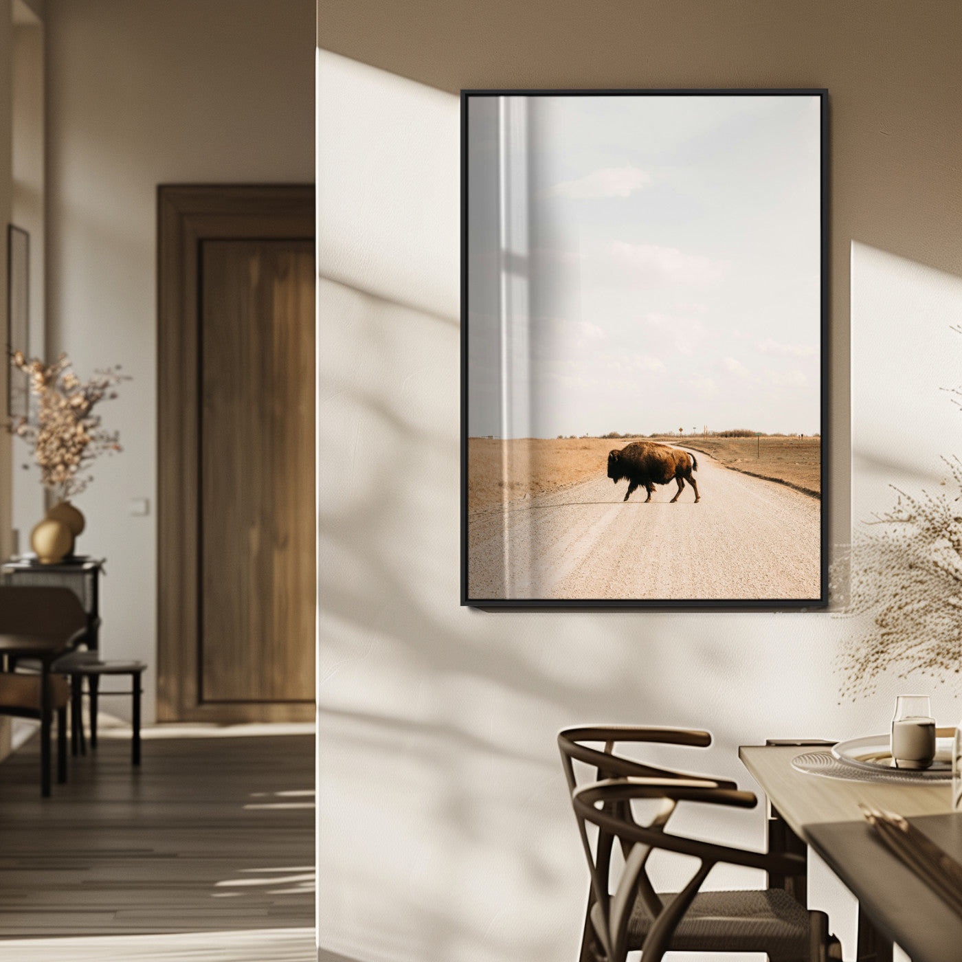 MGV-FP-48X32-3P - Bison Crossing Wall Art Canvas Print, Framed Western Landscape Art Picture Print, Prairie Road Perfect Modern Ranch Decor Decor Artwork