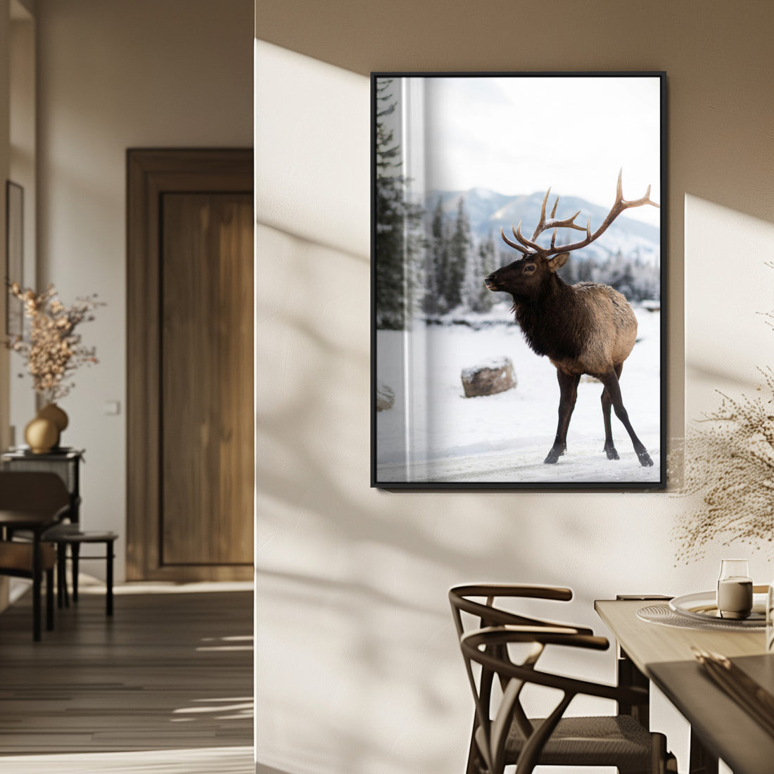 Elk Photography Wall Art Canvas Print, Framed Winter Wildlife Art, Snowy Mountains Rustic Cabin Decor