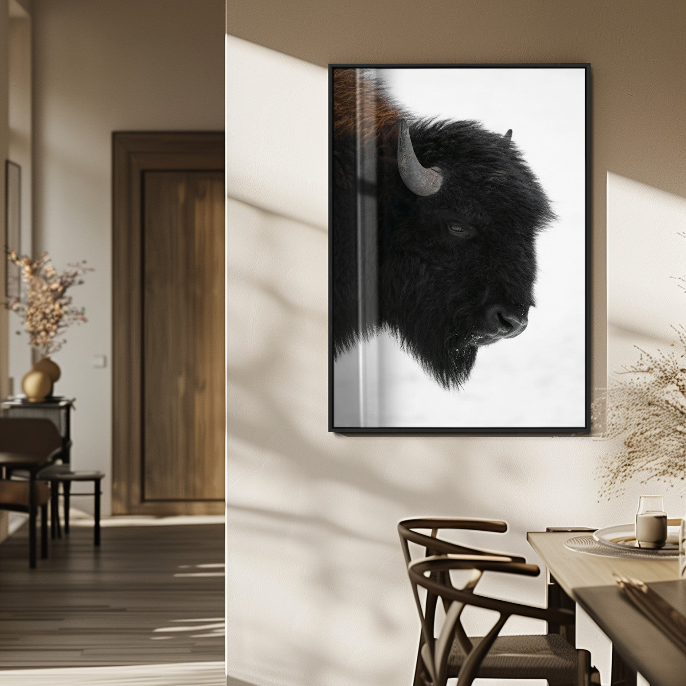 MGV-FP-48X32-3P - Western Rustic Wall Art Canvas Print, Framed Buffalo Photography Art Picture Print, Black and White Wildlife Perfect Country Decor Artwork