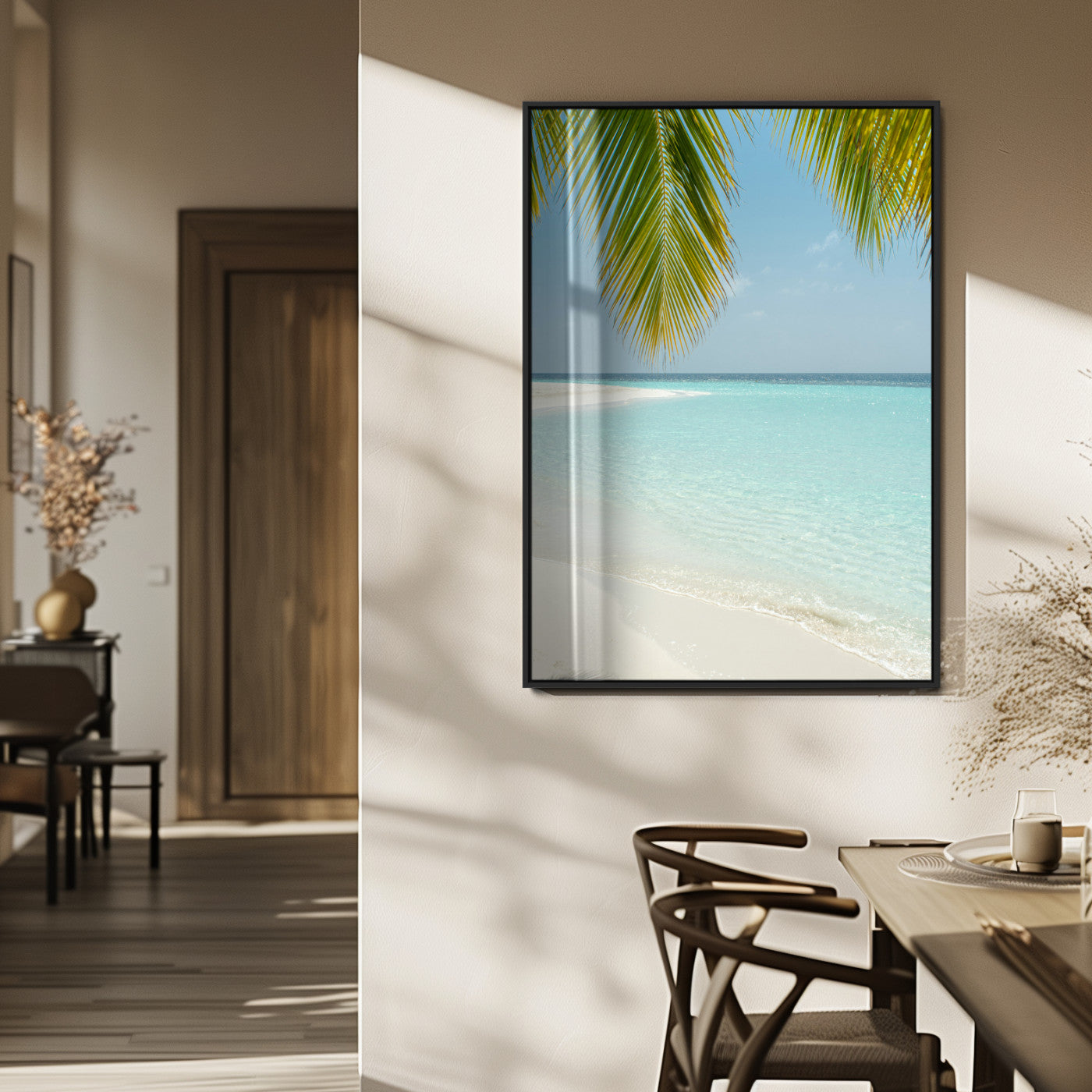 MGV-FP-48X32-3P - Azure Water Wall Art Canvas Print, Framed Tranquil Island Escape Art Picture Print, Clear Blue Ocean Perfect Coastal Minimalist Decor Artwork